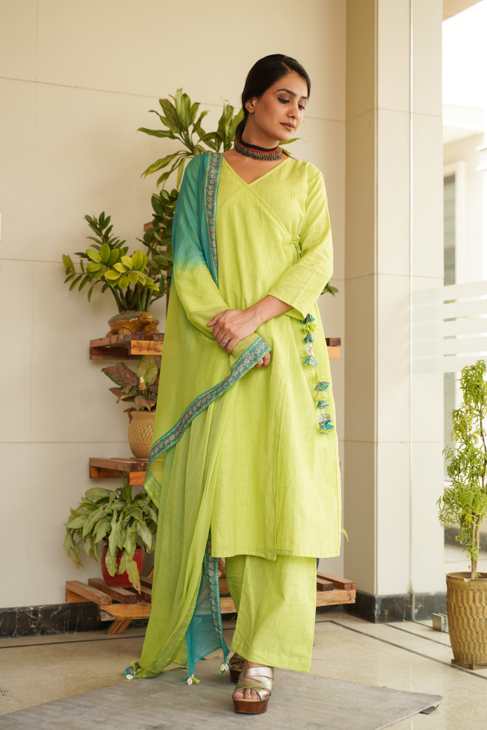 Lime green angrakha Cotton Slub kurta set (Set of 3)