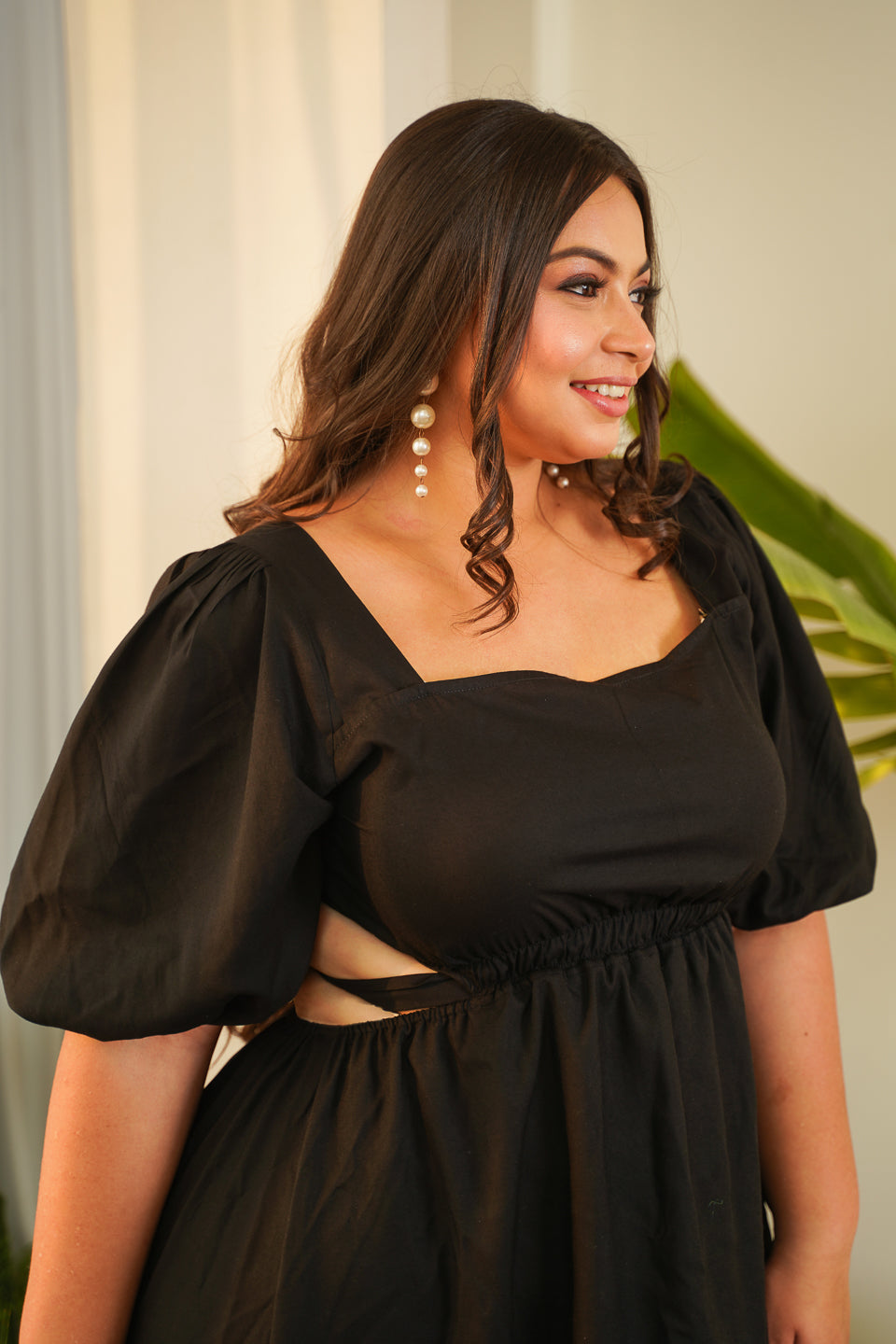 Regular Black Corset Puff Sleeve Cotton Cutout Dress