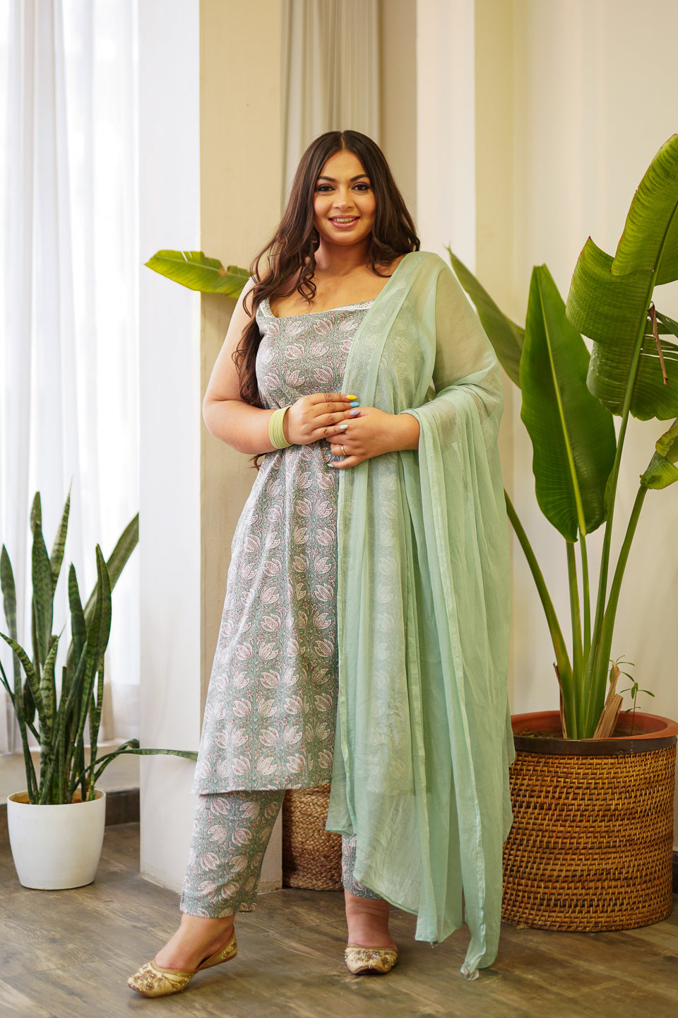 Mint Green Floral Strap Cotton Kurta Suit Set - (Set of 3)