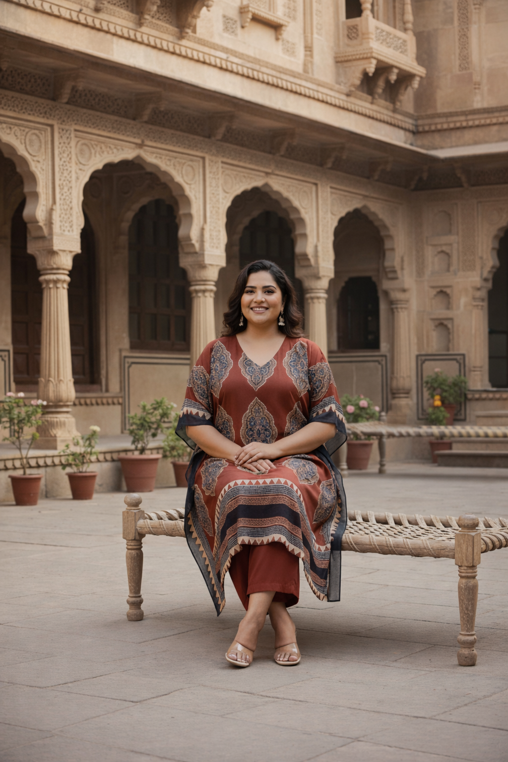 Rust Kaftan Co-ord Set With Ethnic Print(Set of 3)