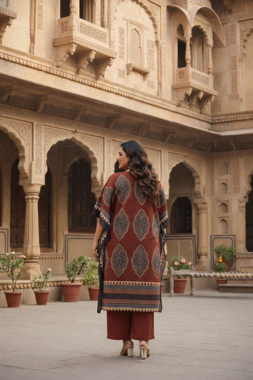 Rust Kaftan Co-ord Set With Ethnic Print(Set of 3)