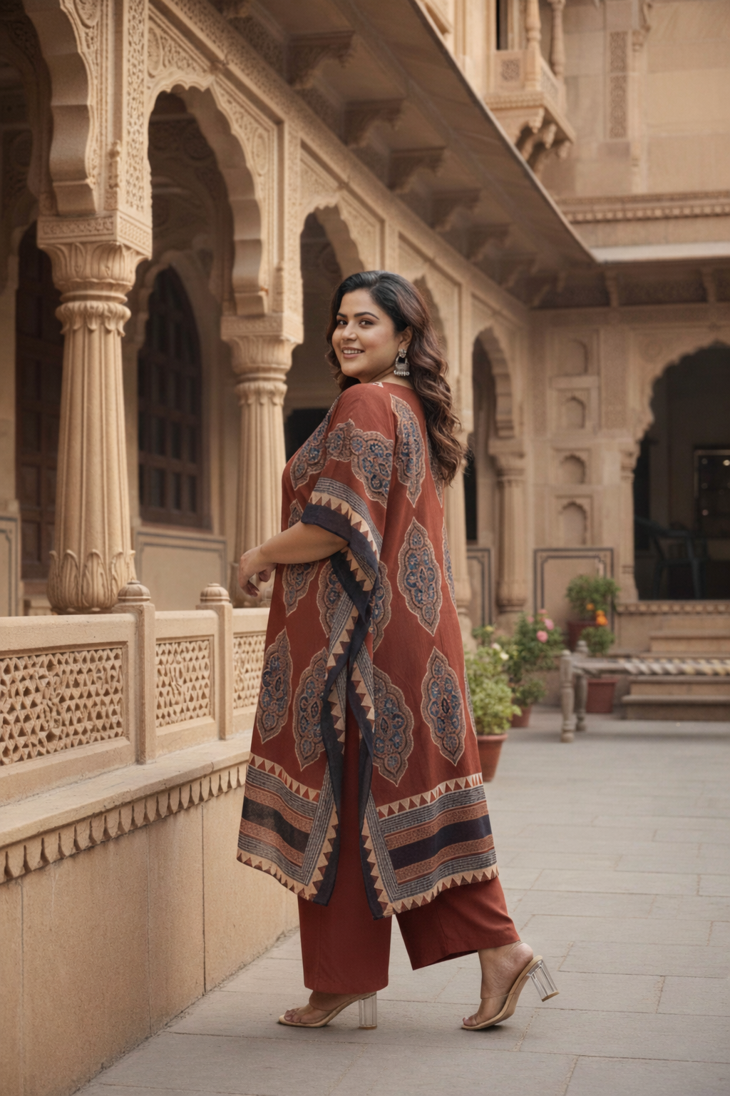 Rust Kaftan Co-ord Set With Ethnic Print(Set of 3)