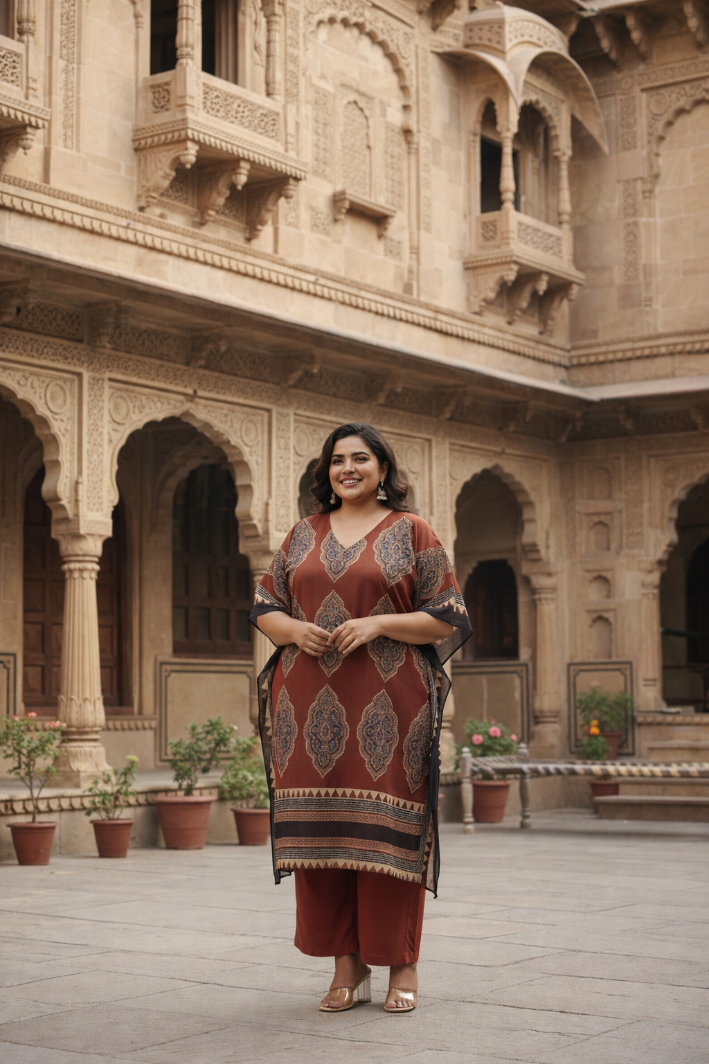 Rust Kaftan Co-ord Set With Ethnic Print(Set of 3)