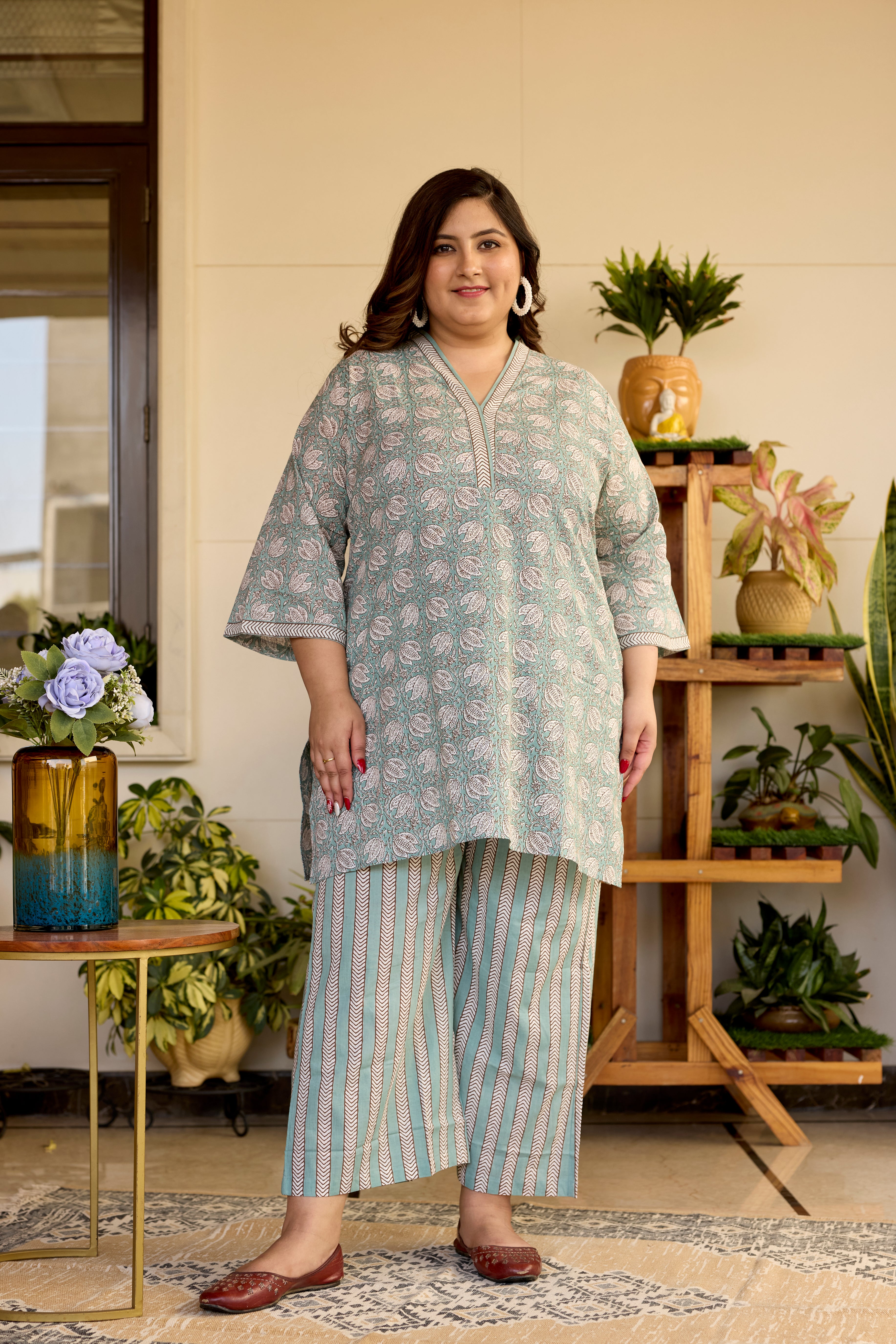 Mint Floral Short V-Neck Kurta & Striped Palazzo Set - (Set of 2)