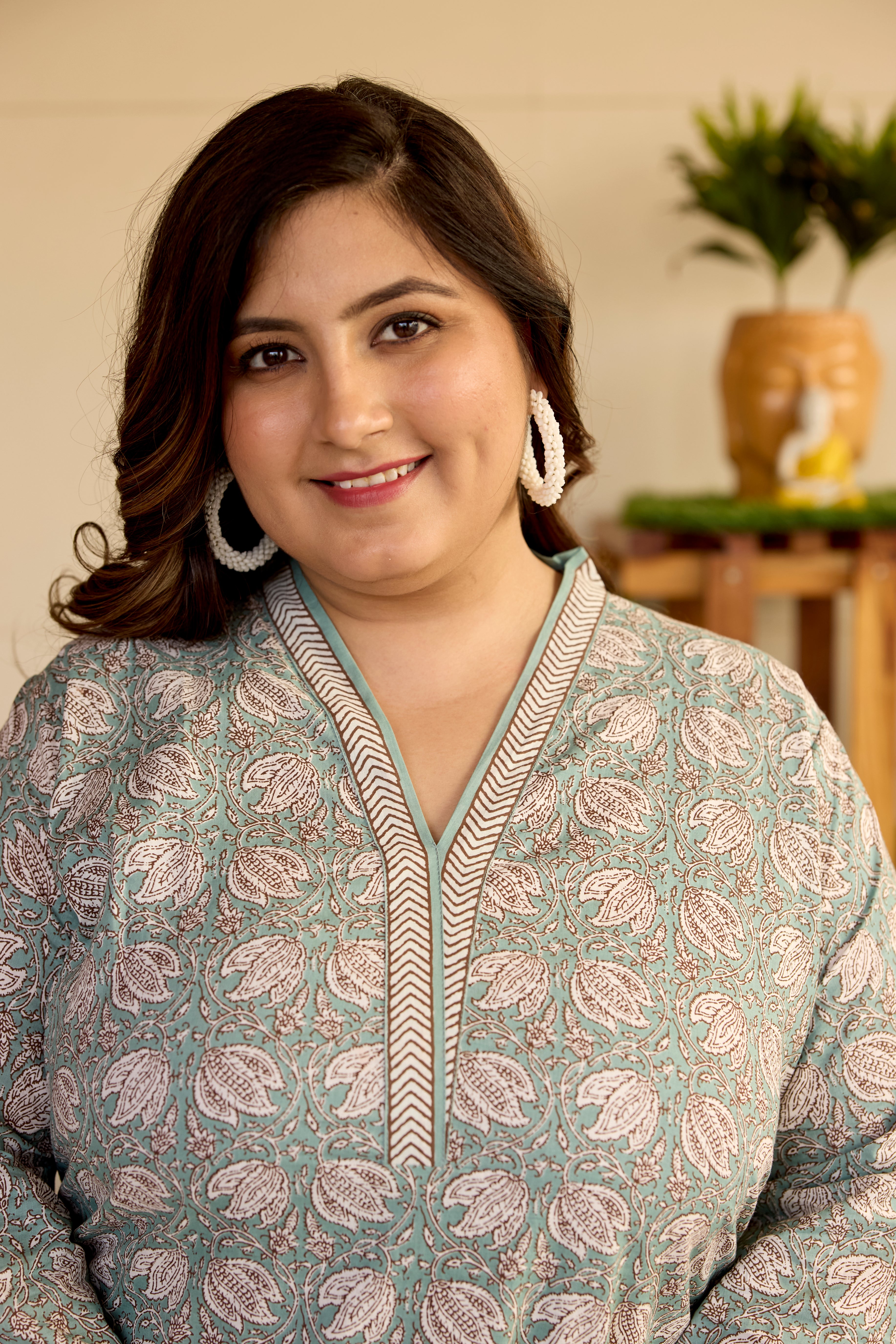 Mint Floral Short V-Neck Kurta & Striped Palazzo Set - (Set of 2)