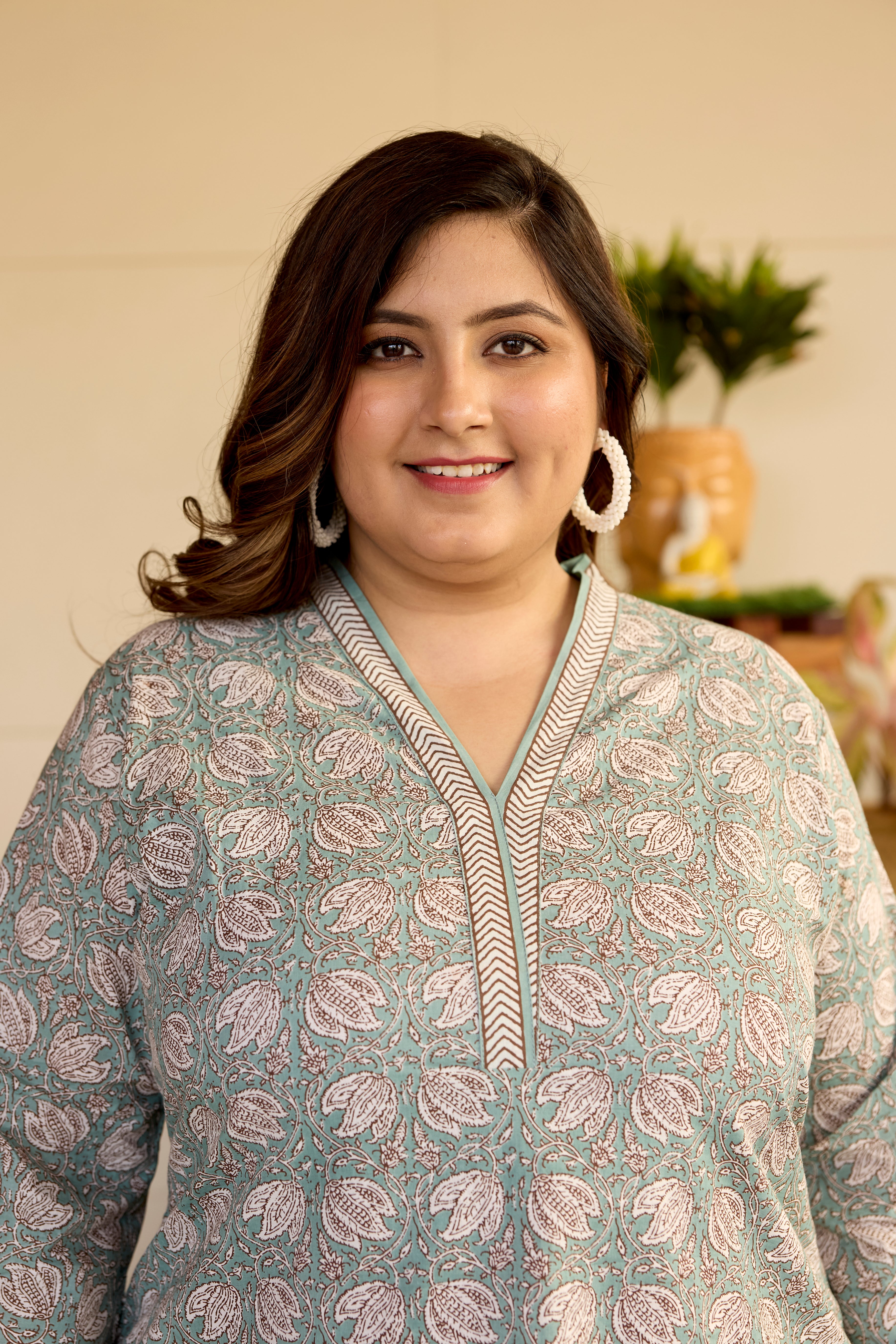 Mint Floral Short V-Neck Kurta & Striped Palazzo Set - (Set of 2)