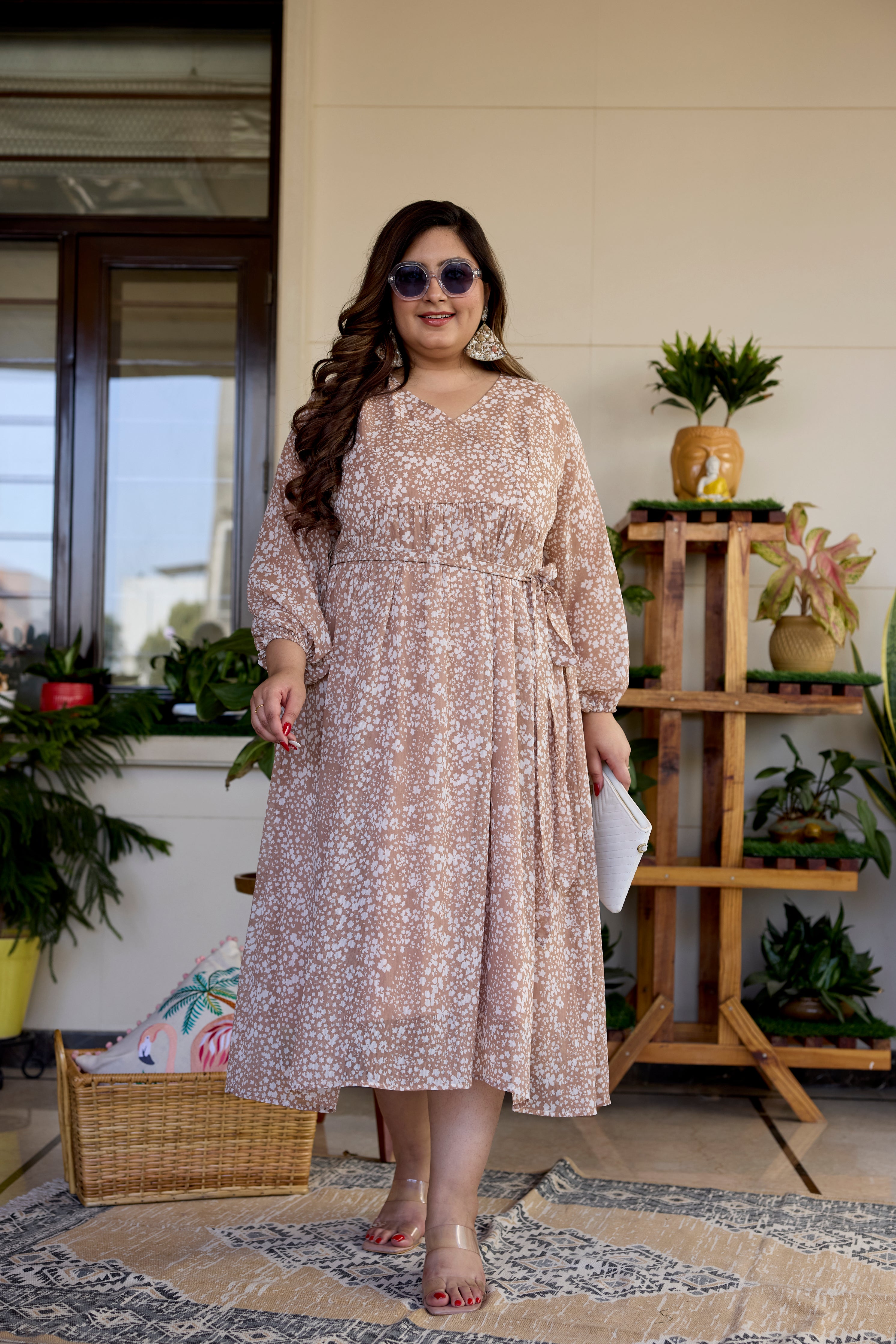 Coffee Cream Printed V Neck Georgette Dress