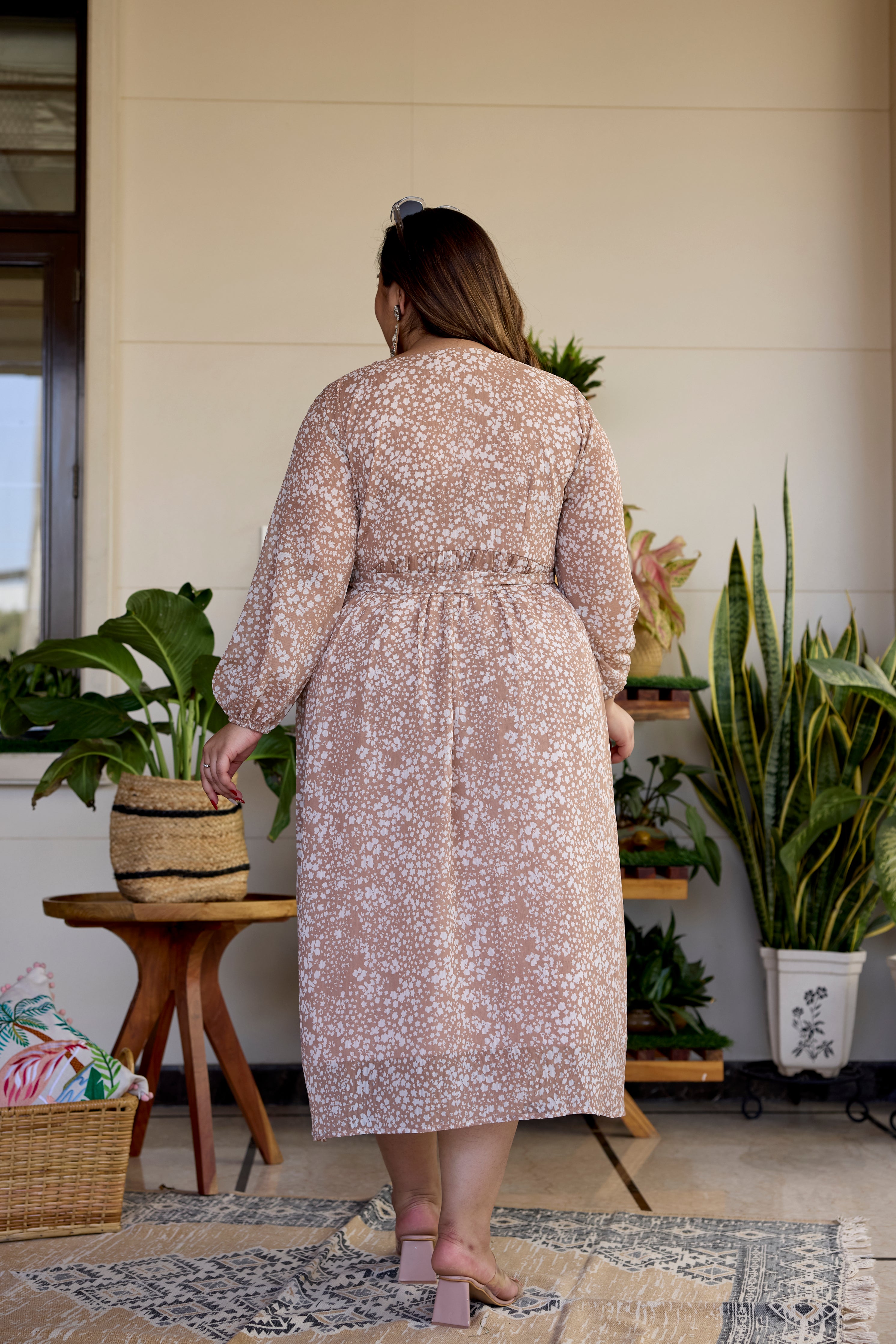 Coffee Cream Printed V Neck Georgette Dress