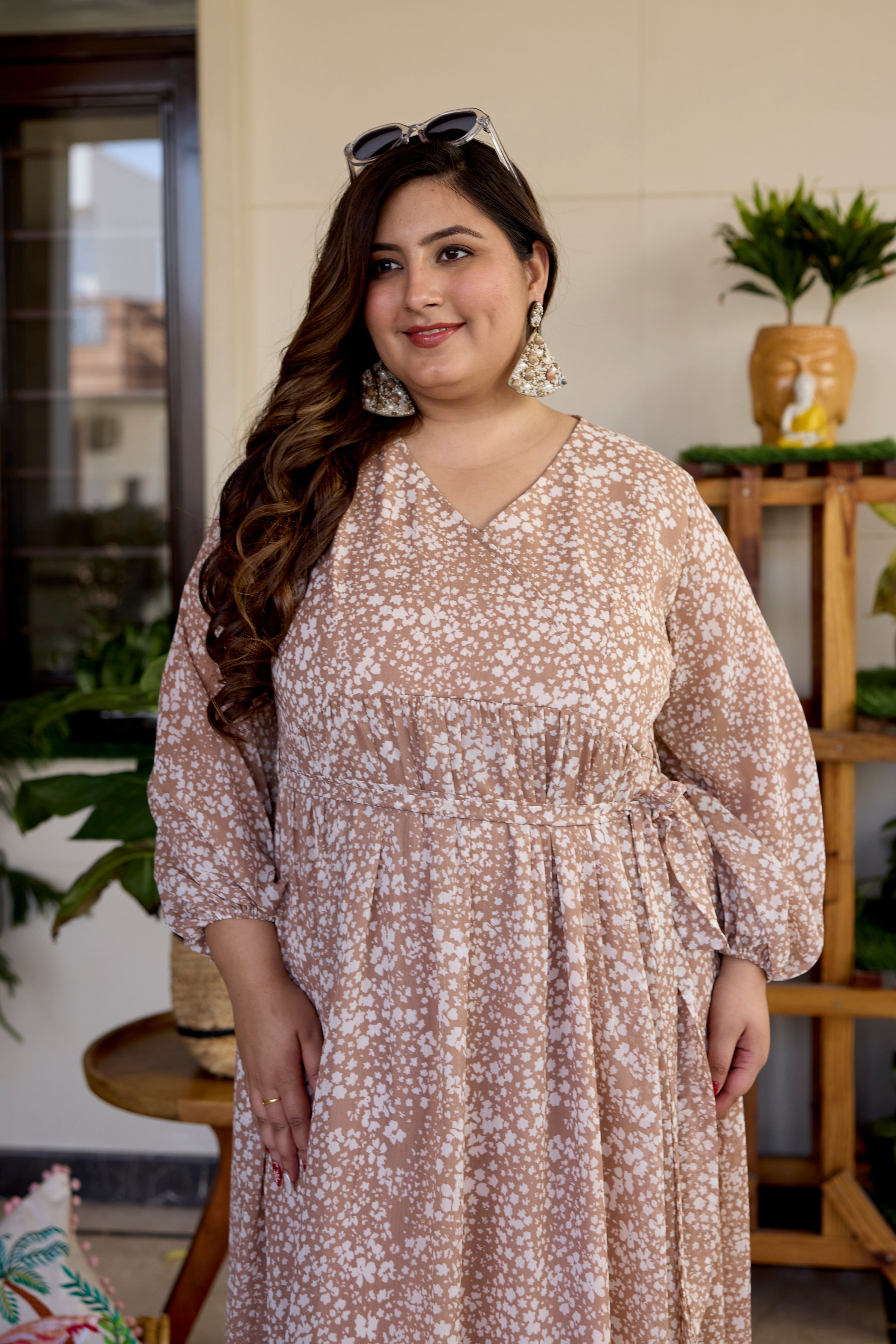 Coffee Cream Printed V Neck Georgette Dress