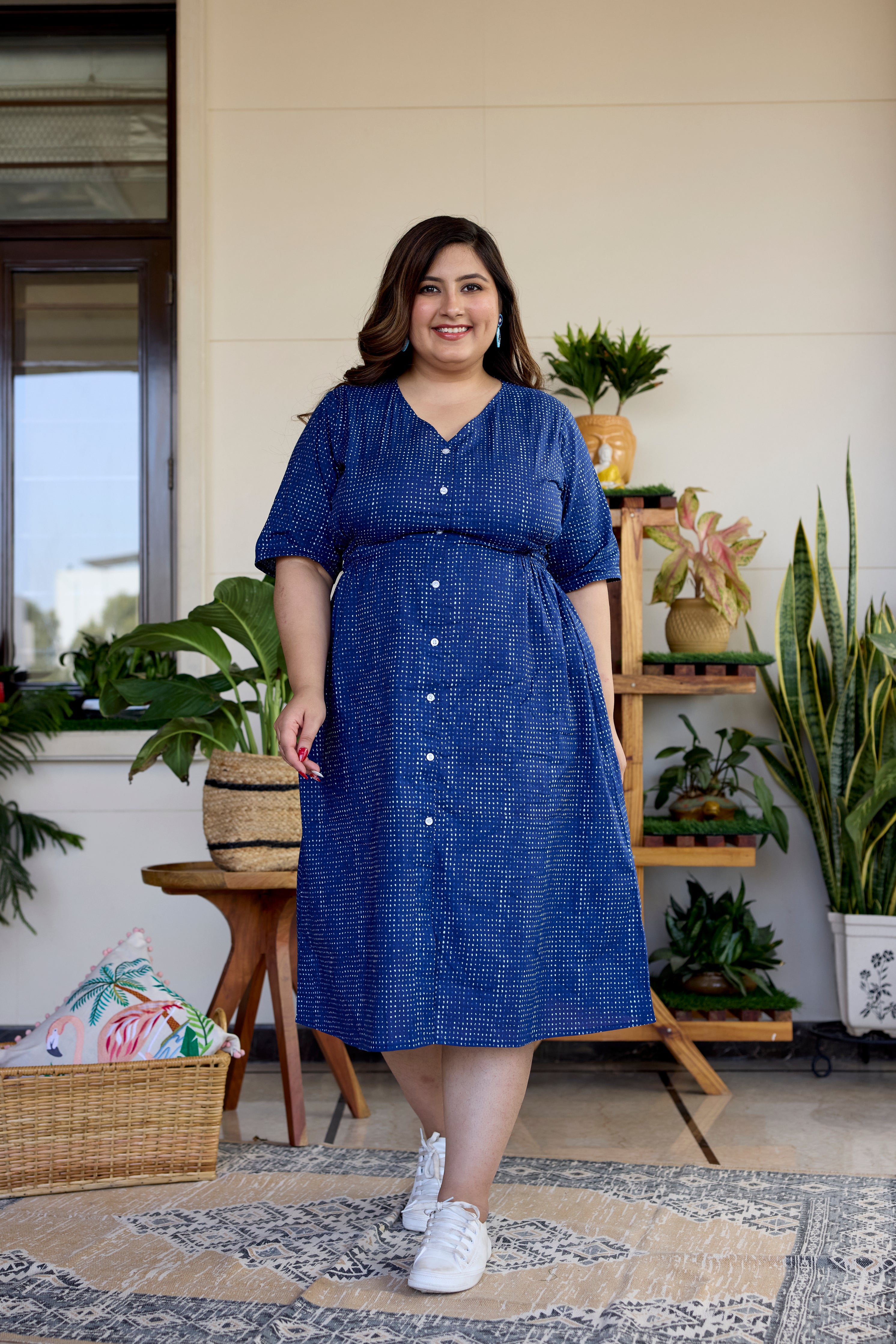 Block Printed Indigo Blue Button Down Midi Dress