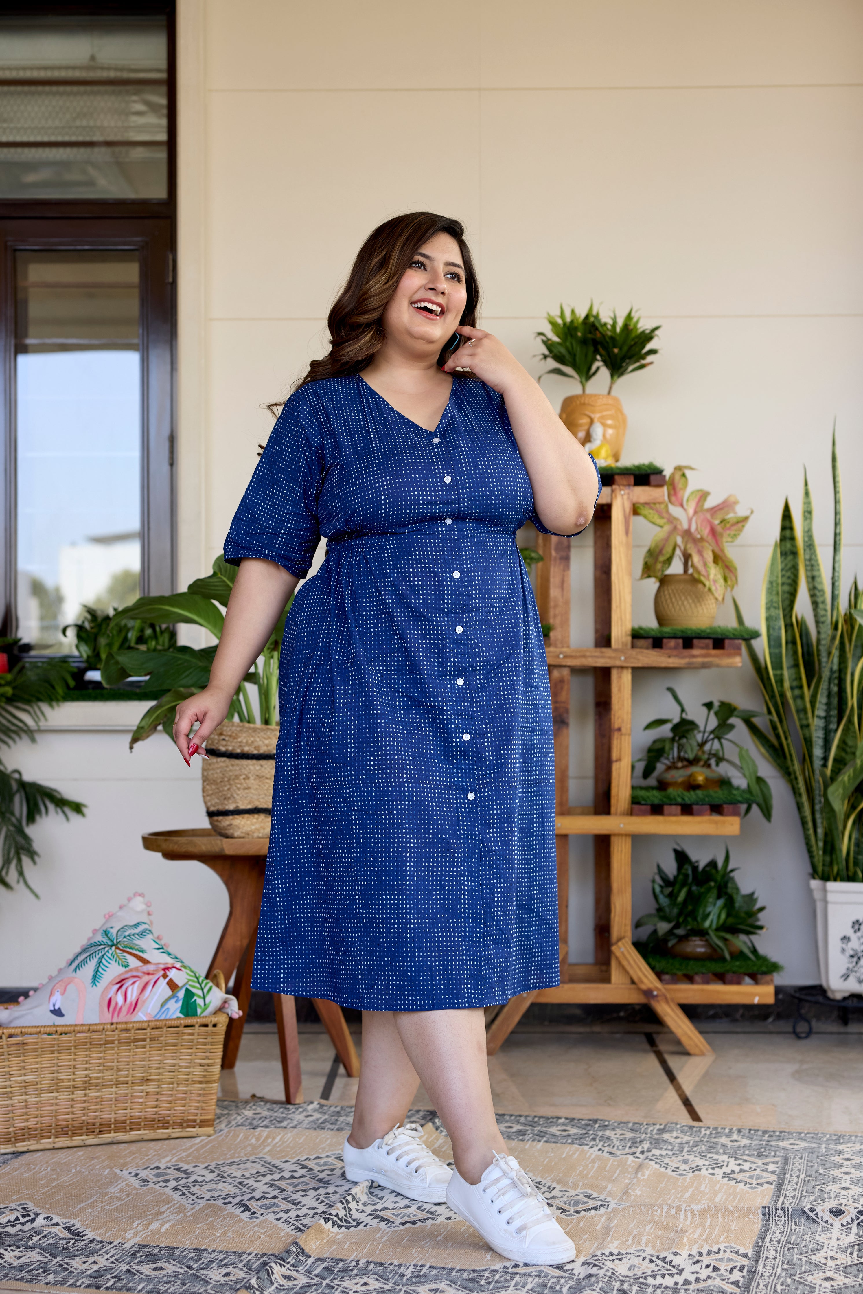 Block Printed Indigo Blue Button Down Midi Dress