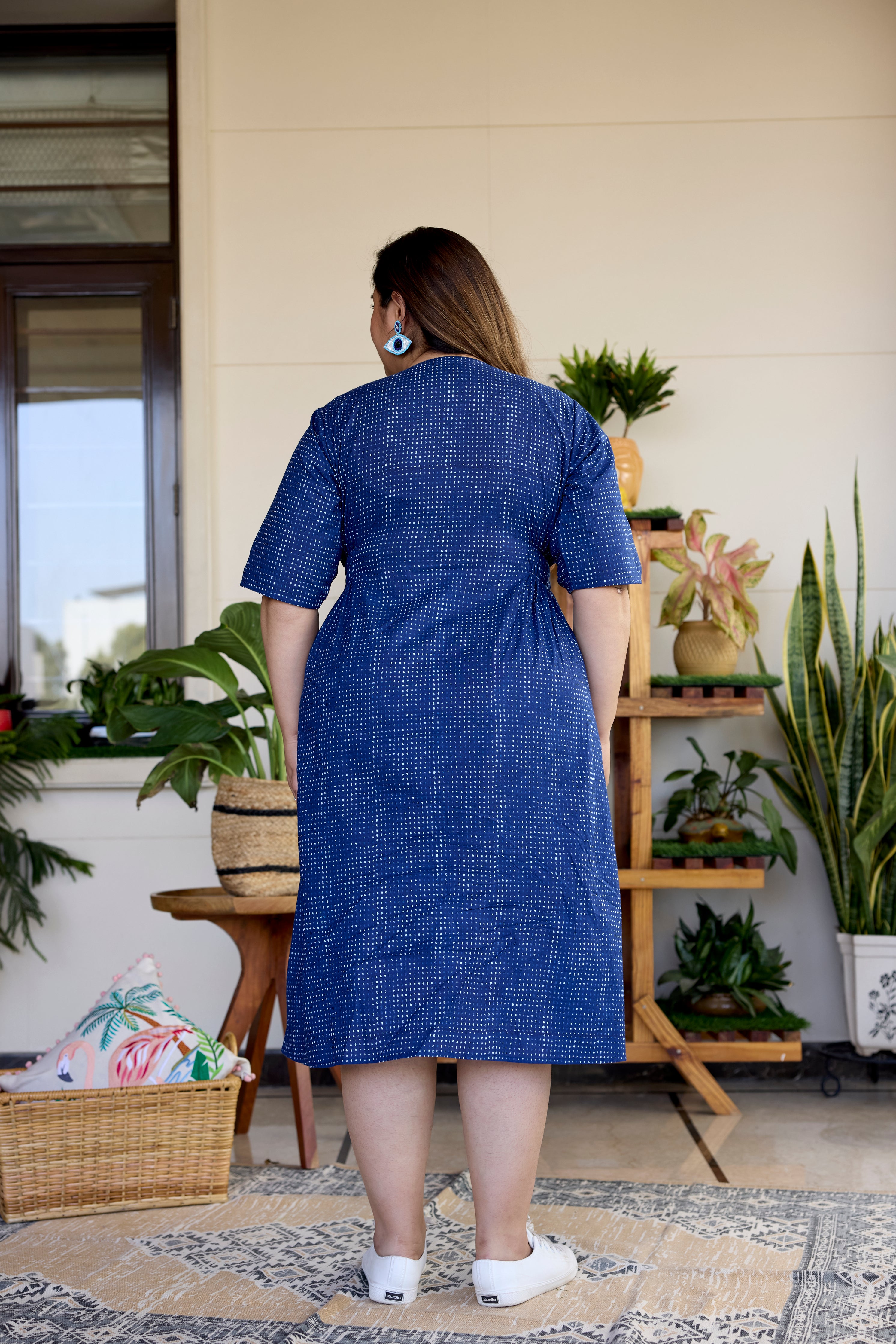 Block Printed Indigo Blue Button Down Midi Dress