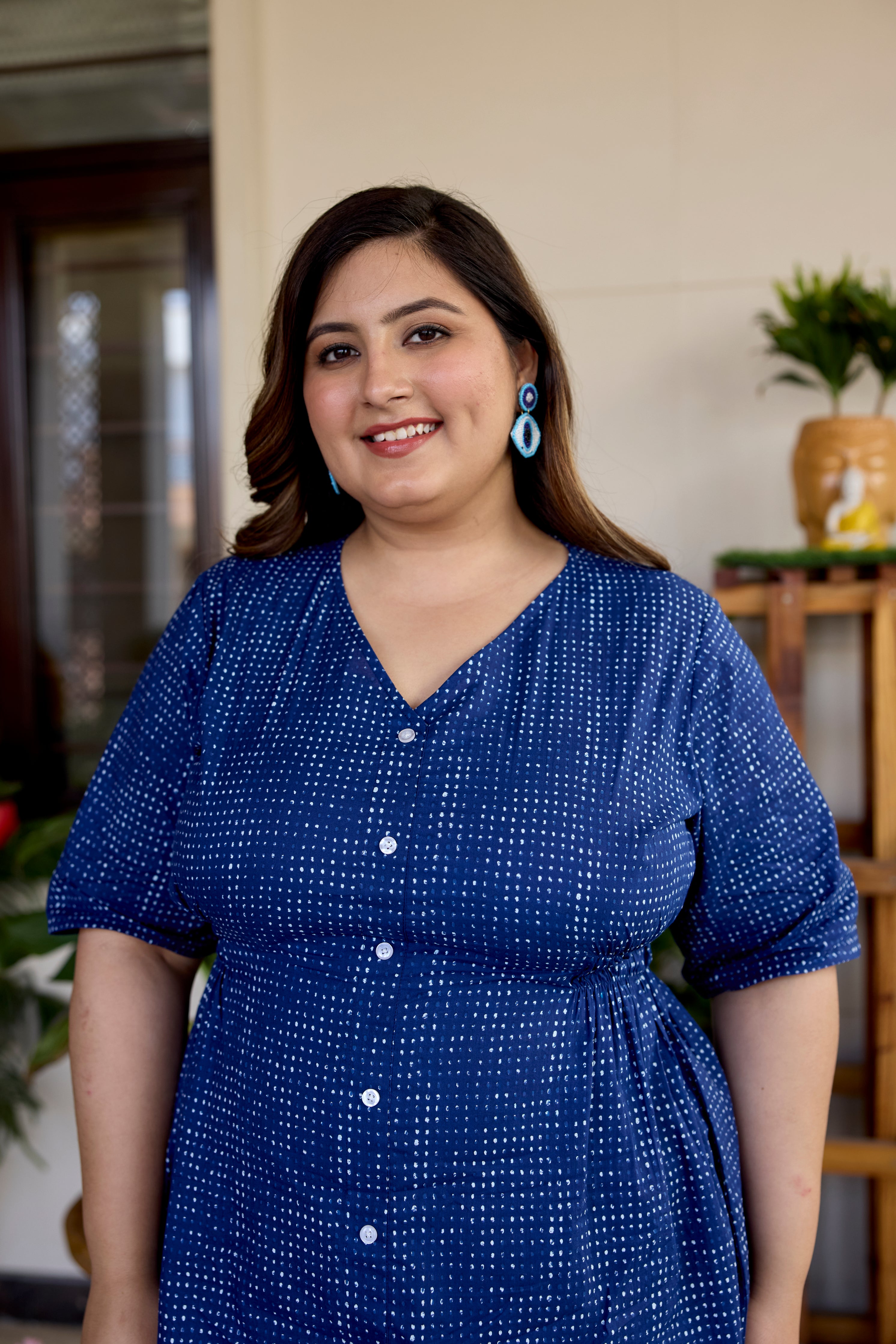 Block Printed Indigo Blue Button Down Midi Dress