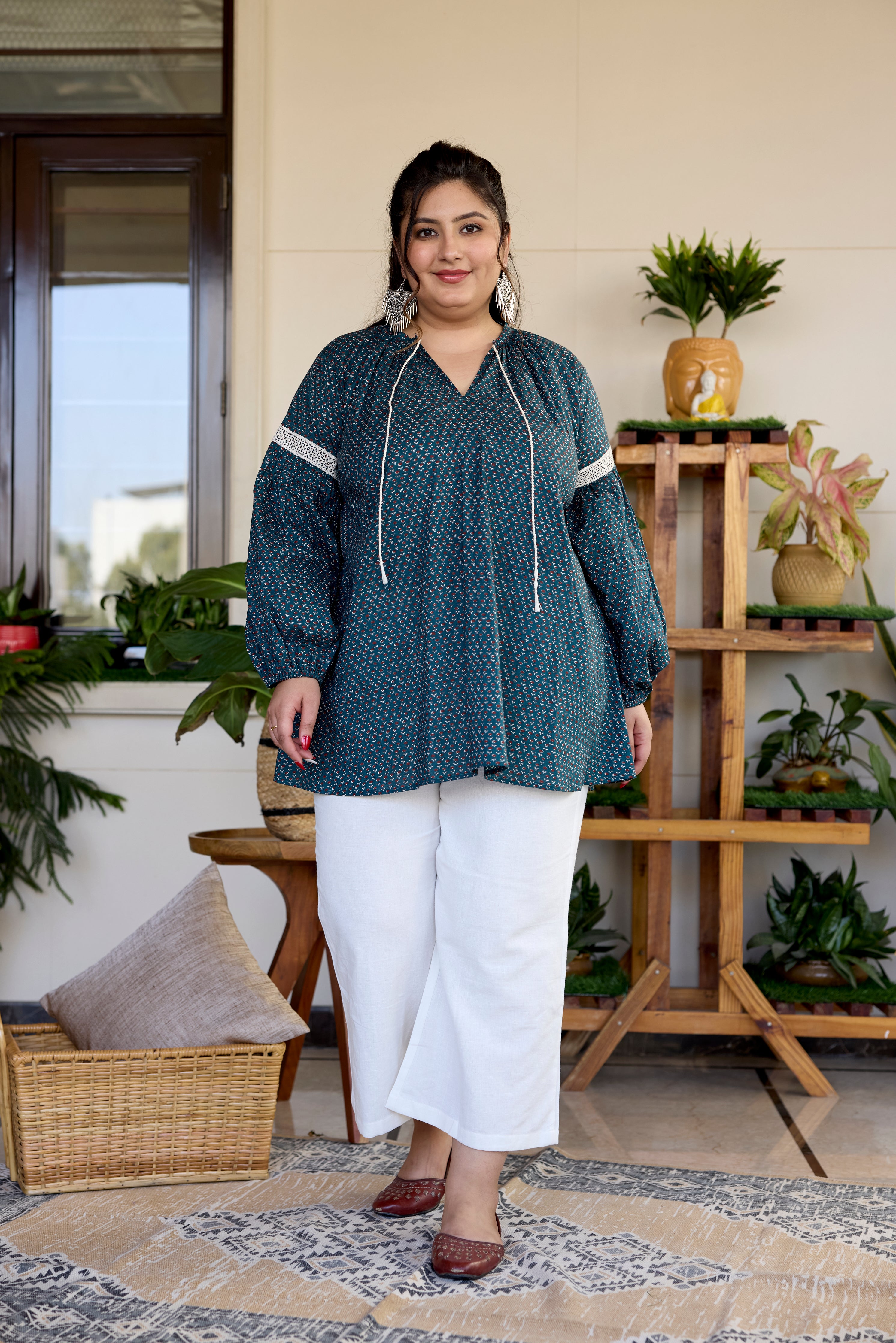 Earthy Green Cotton Sanganeri Print Top (Only Top)