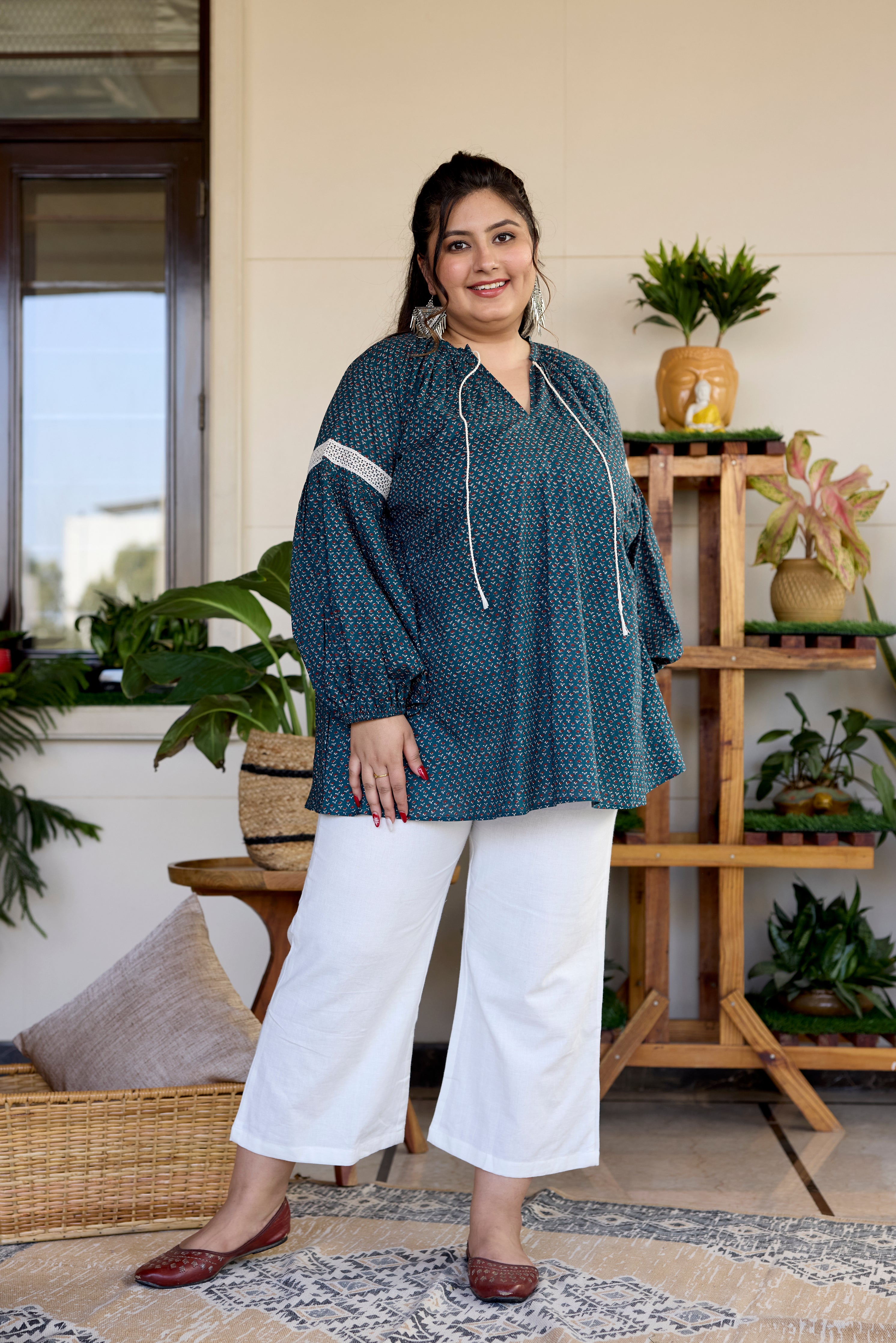 Earthy Green Cotton Sanganeri Print Top (Only Top)