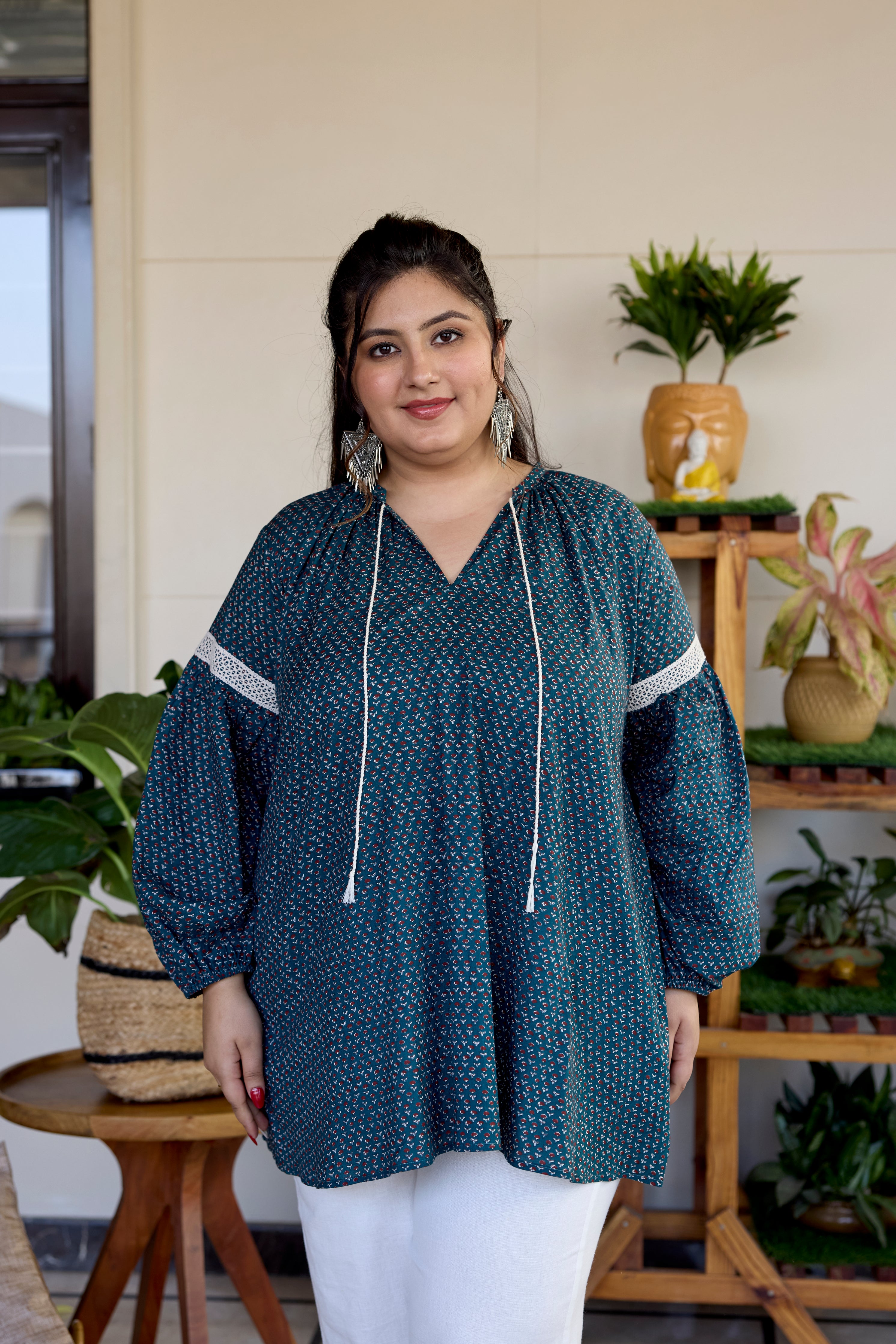 Earthy Green Cotton Sanganeri Print Top (Only Top)