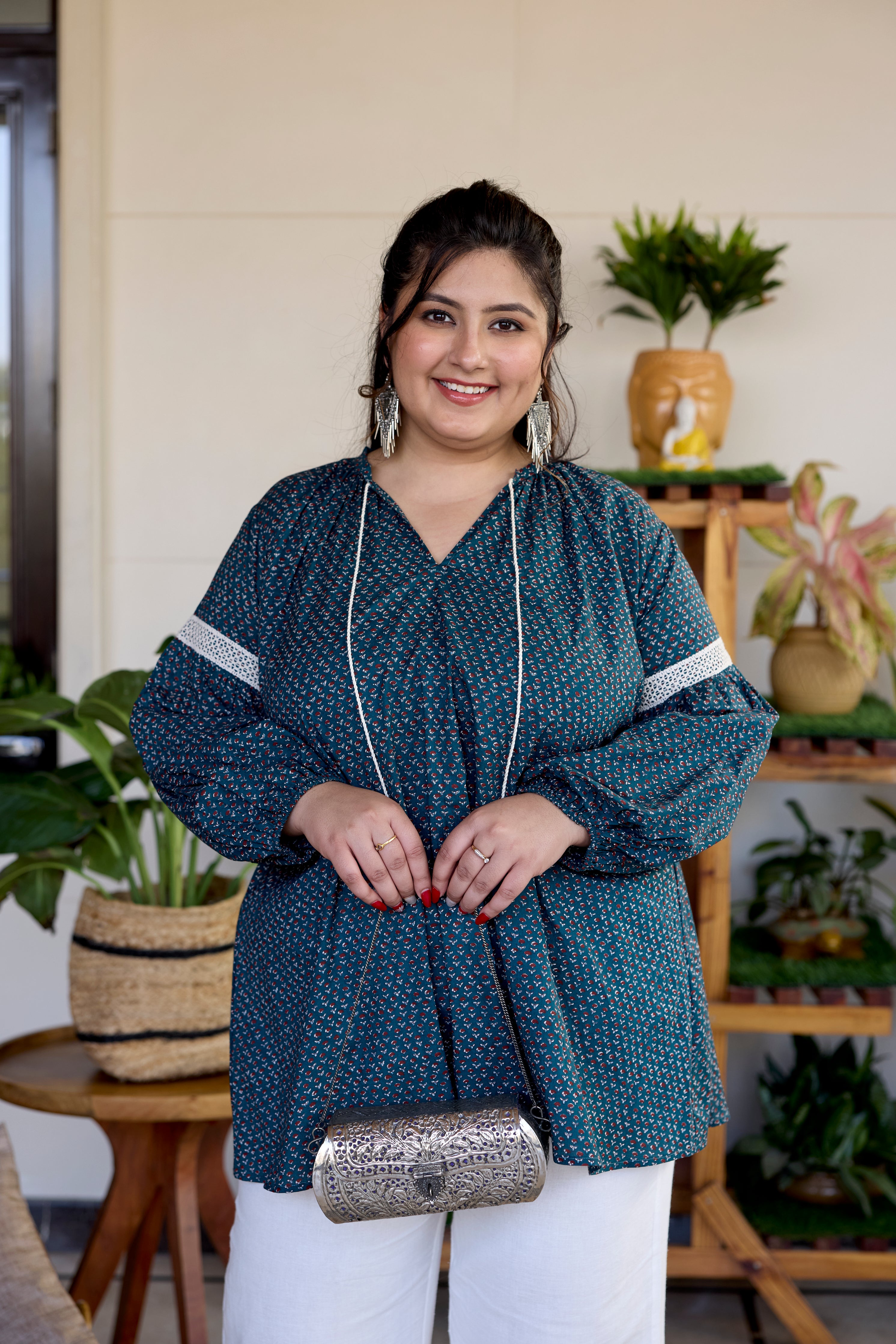 Earthy Green Cotton Sanganeri Print Top (Only Top)