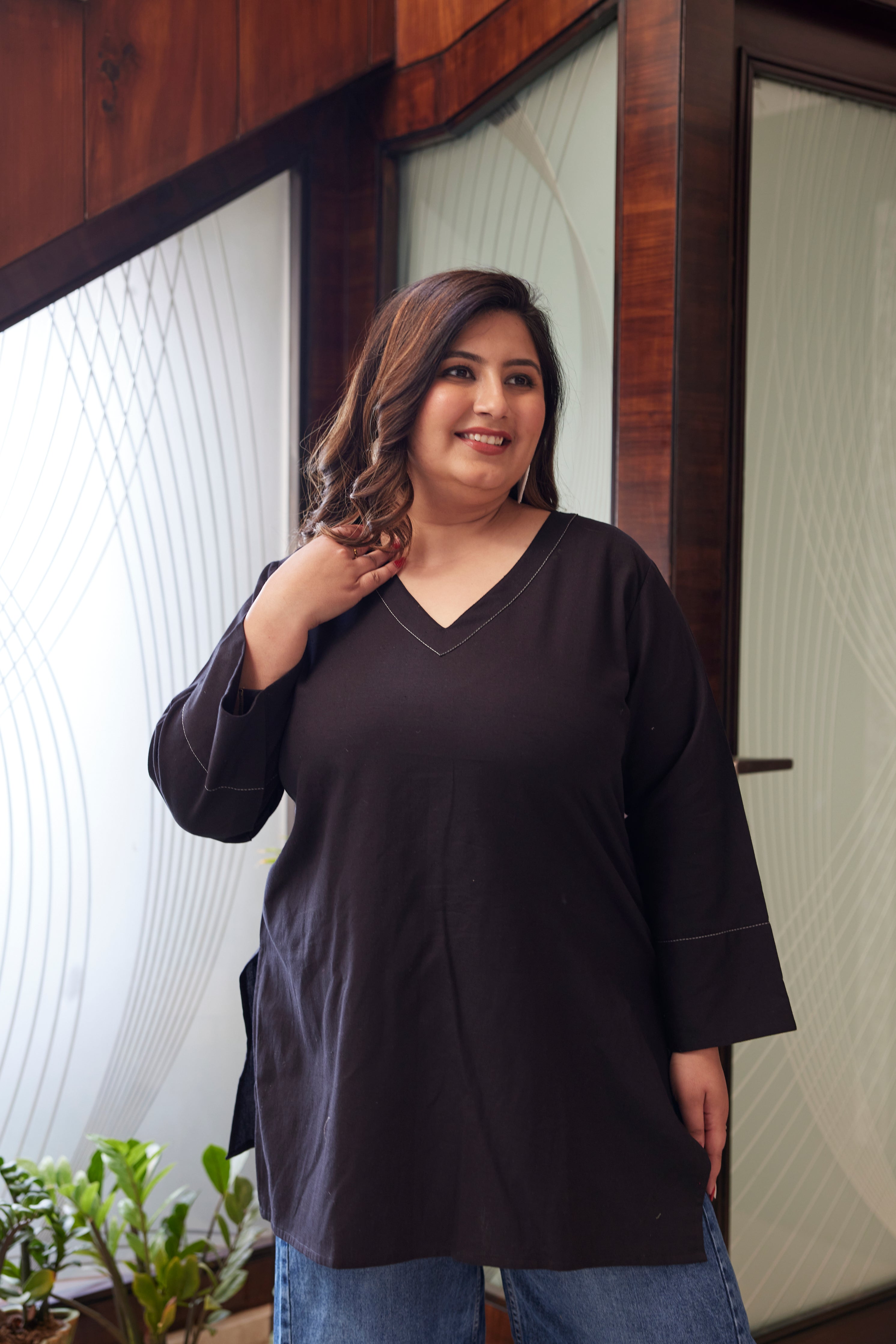 Black V-Neck Linen Short Top ( Only Top)