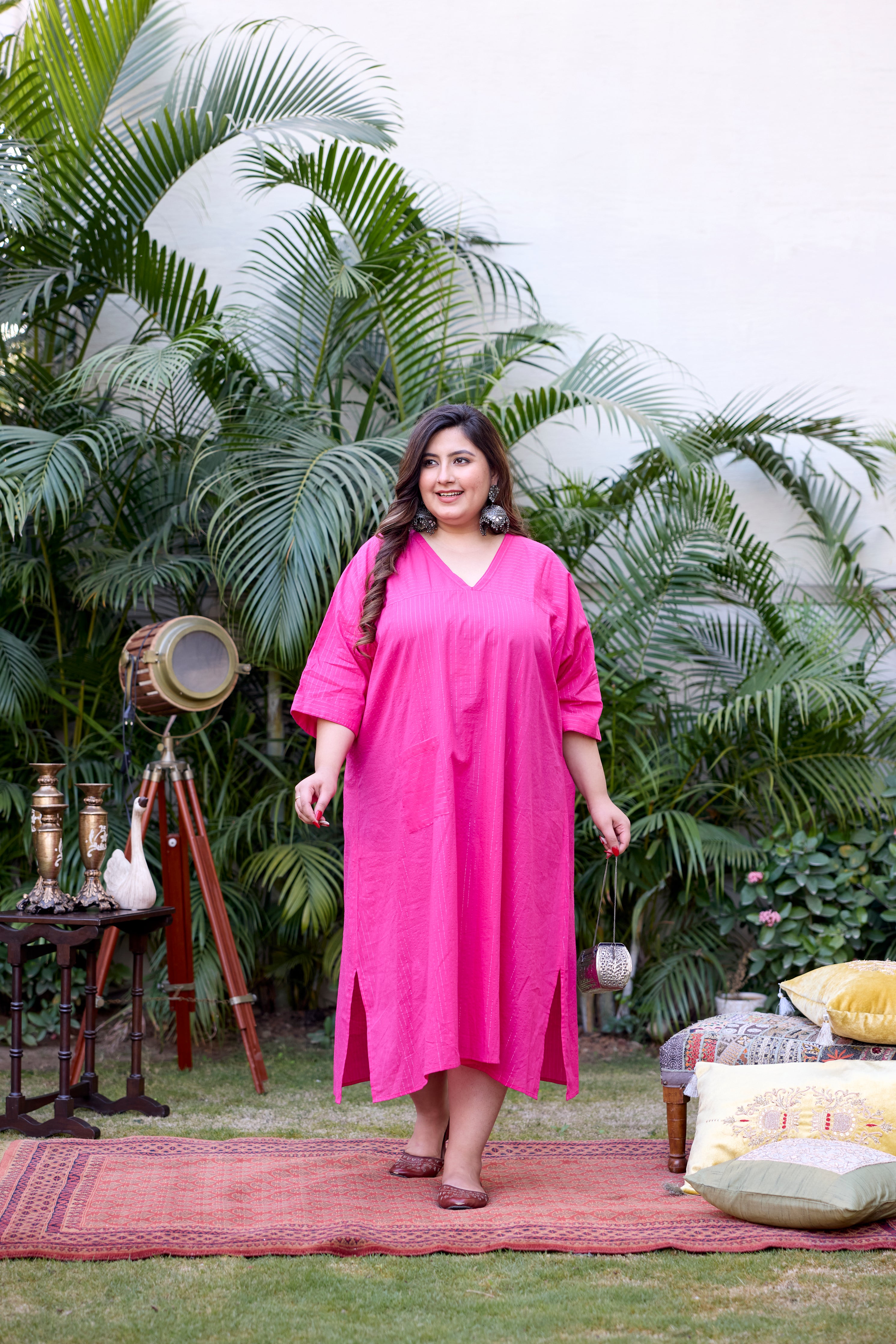 Pink Lurex V-Neck Anti-Fit Dress