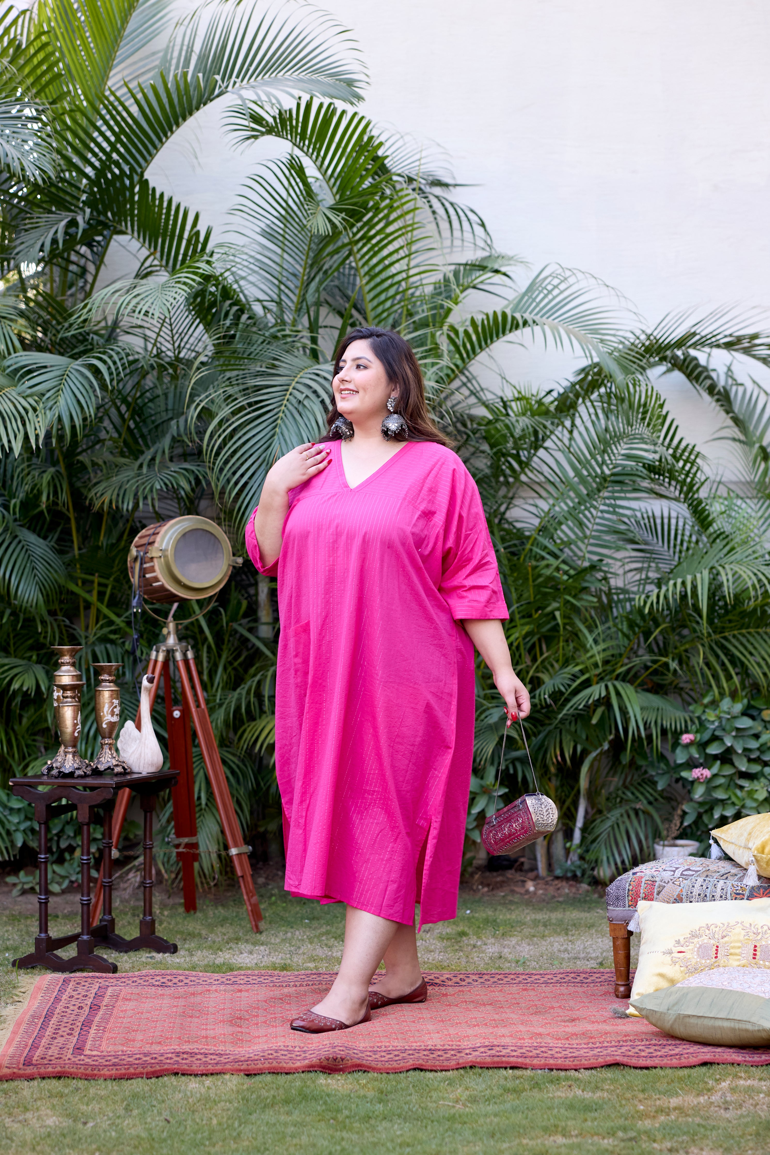 Pink Lurex V-Neck Anti-Fit Dress