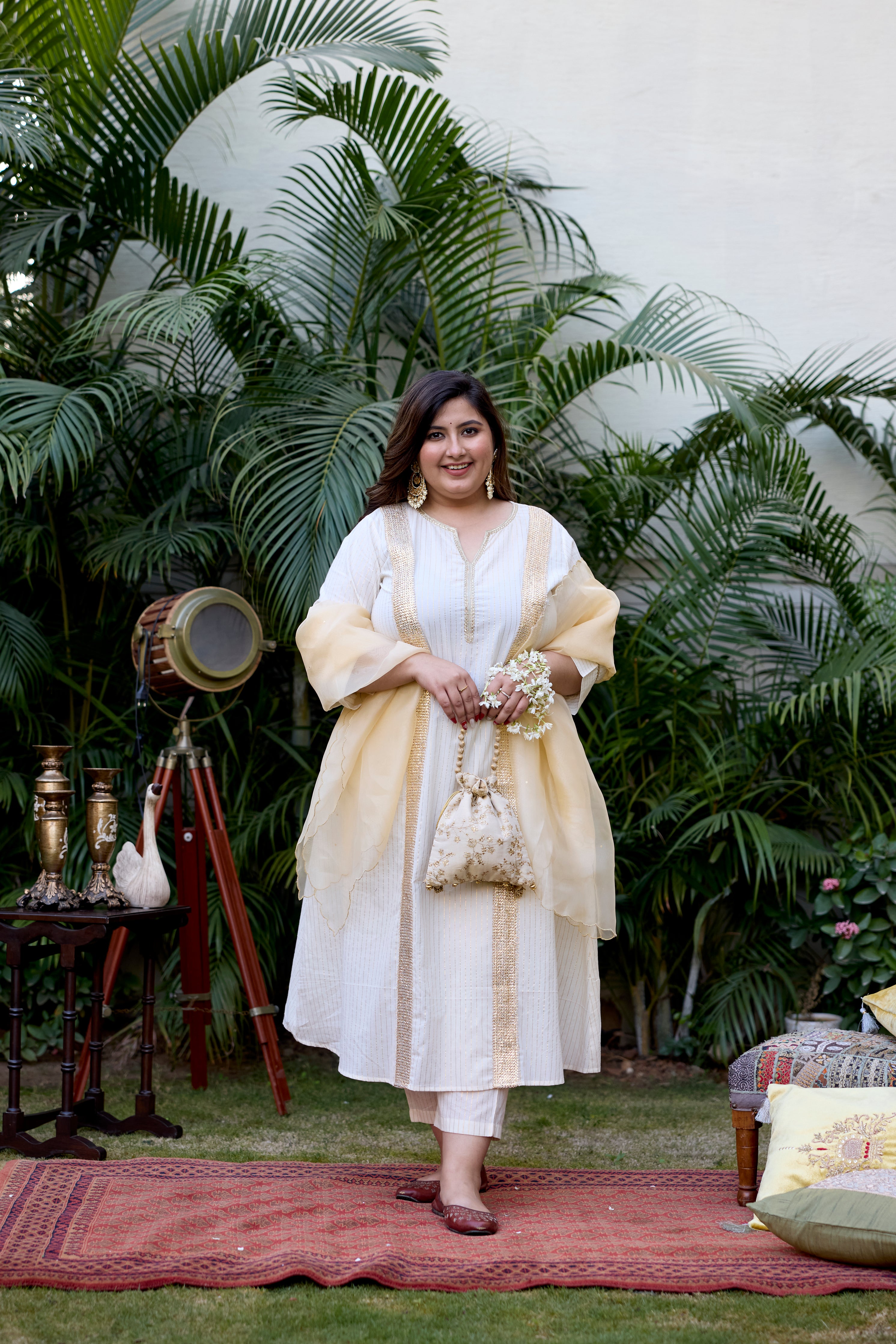 Gold And Ivory Cotton Lurex Suit Set - (Set Of 3)