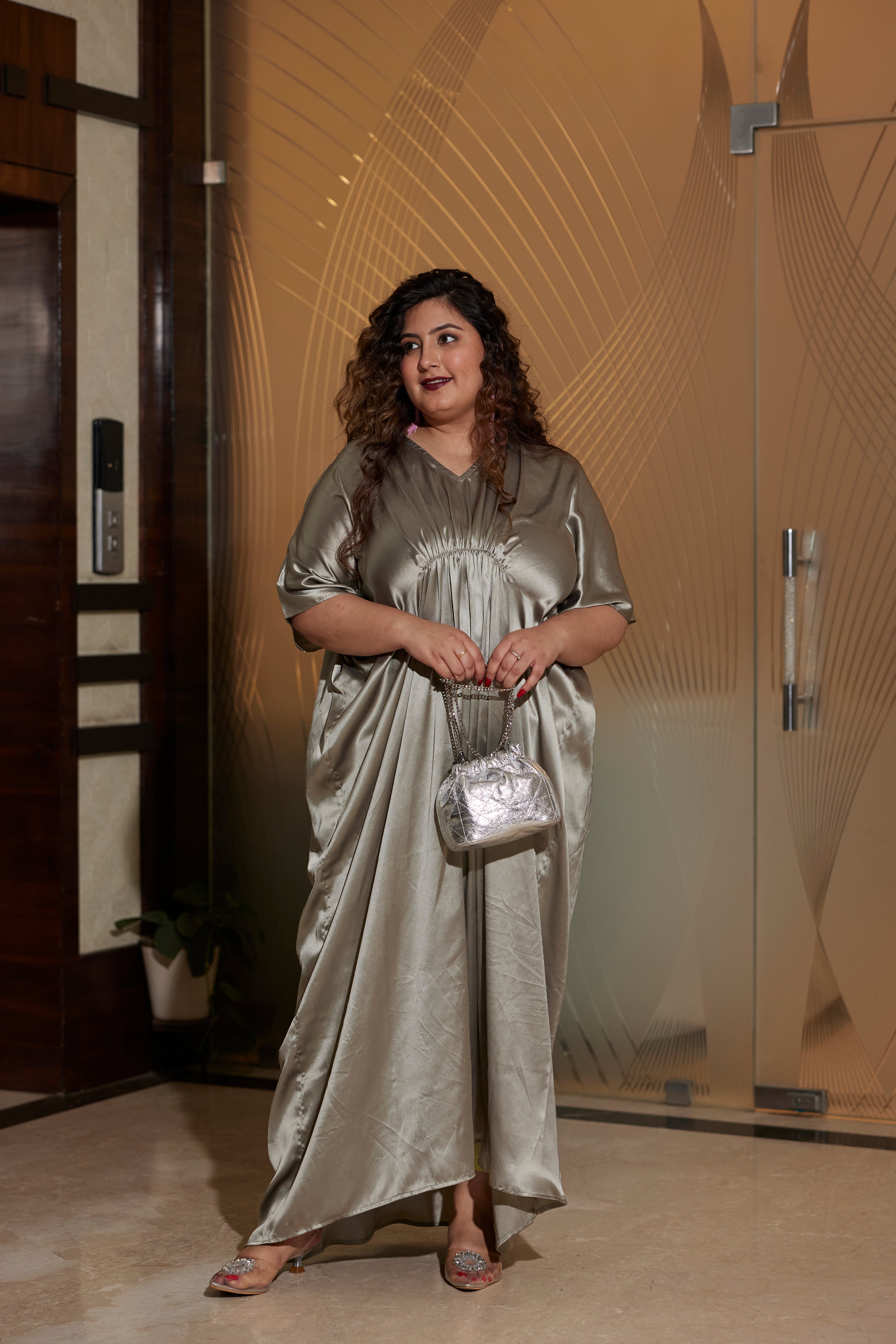 Grey Satin Draped Gown