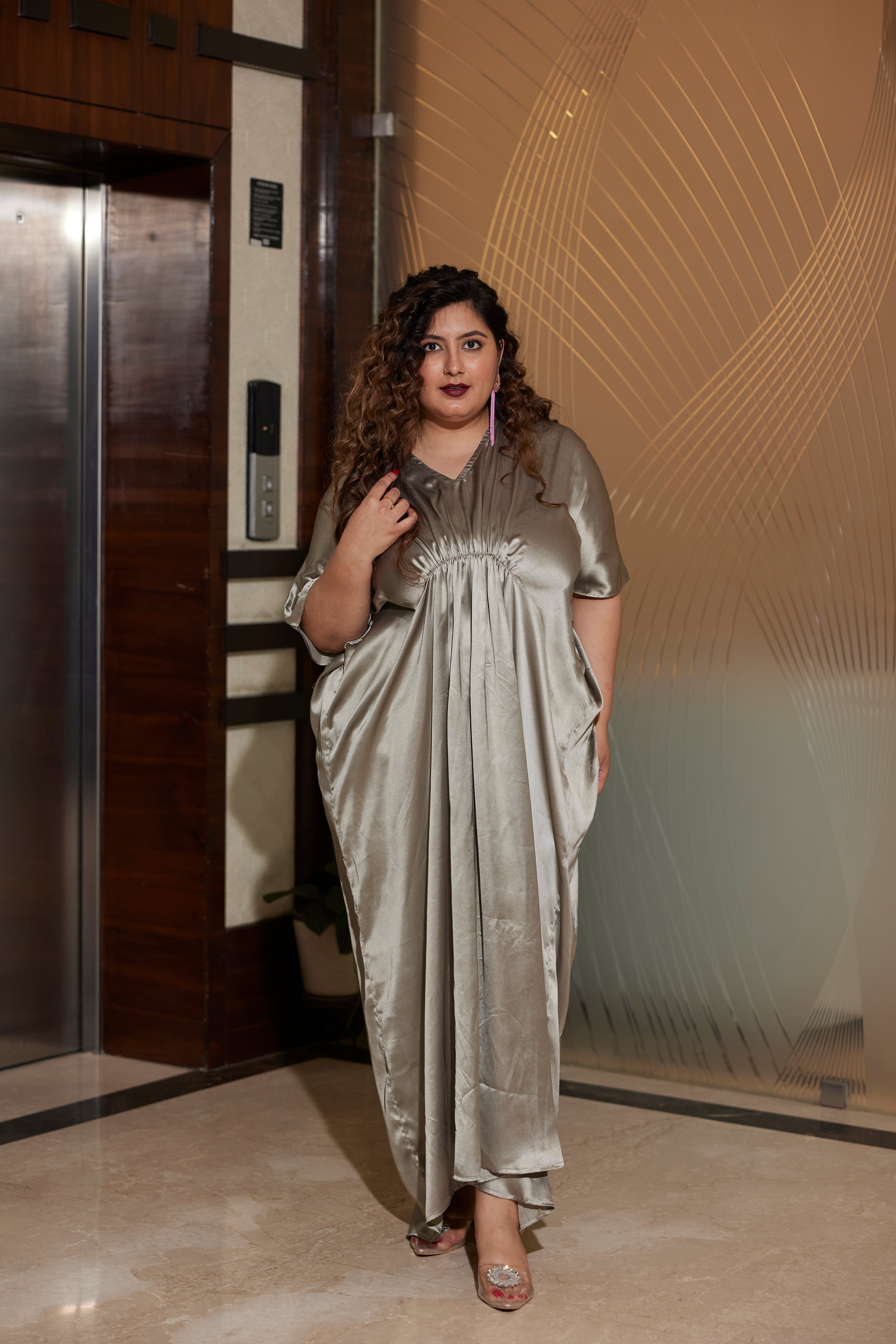 Grey Satin Draped Gown