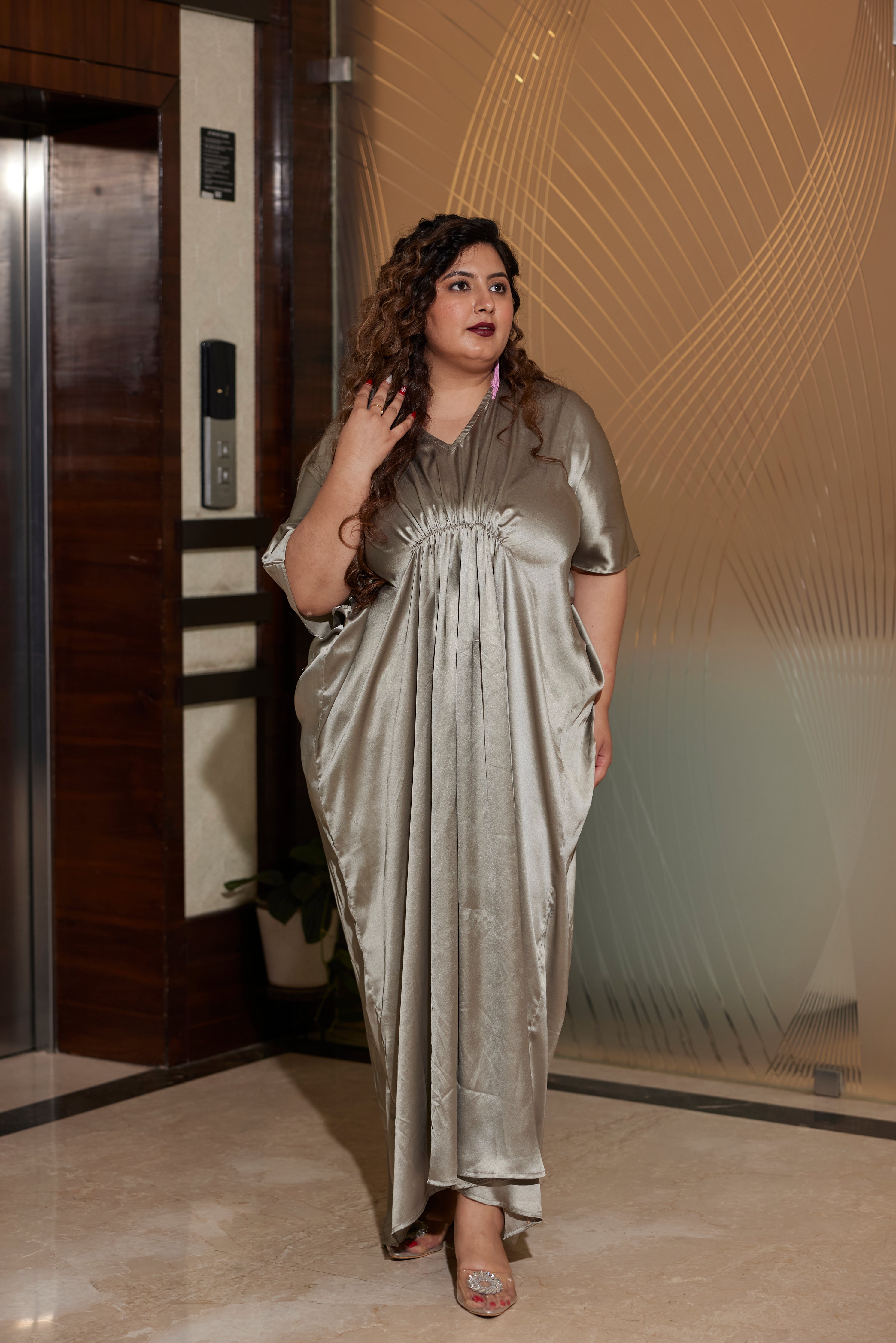 Grey Satin Draped Gown