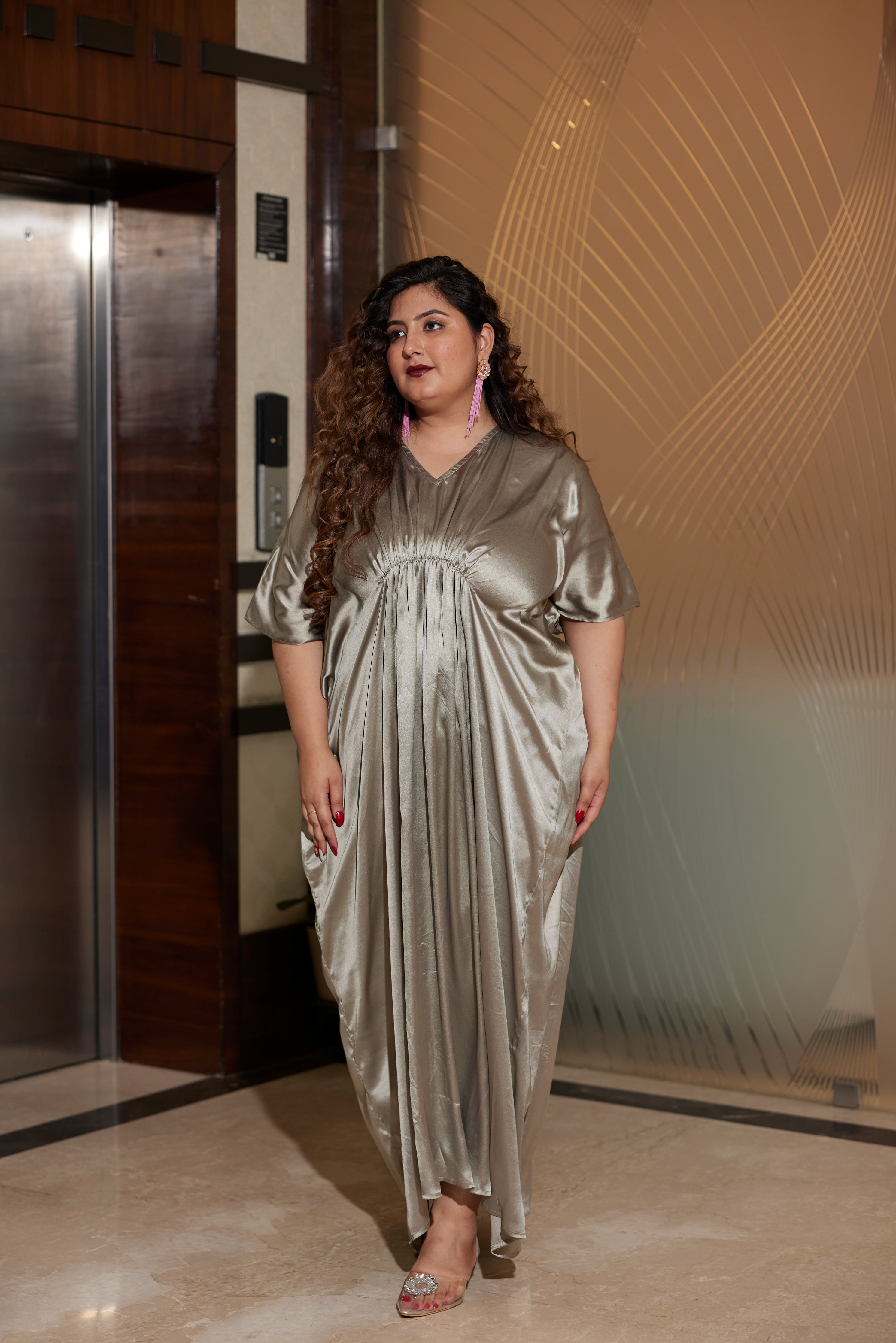 Grey Satin Draped Gown