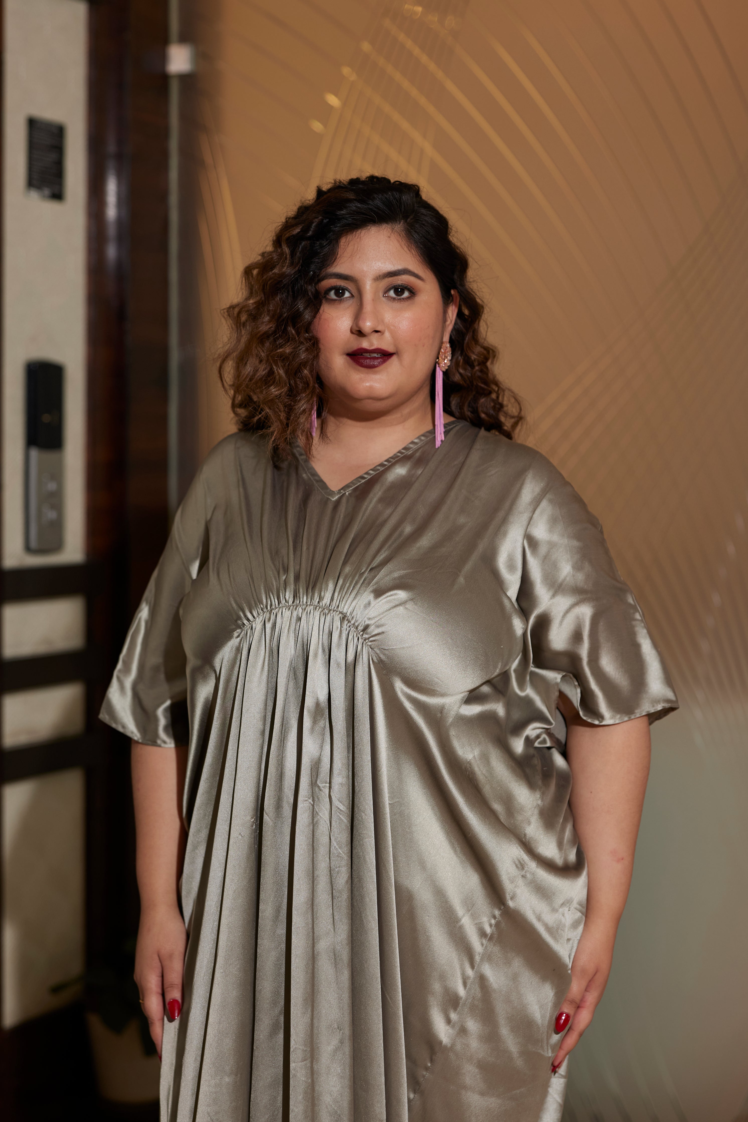 Grey Satin Draped Gown