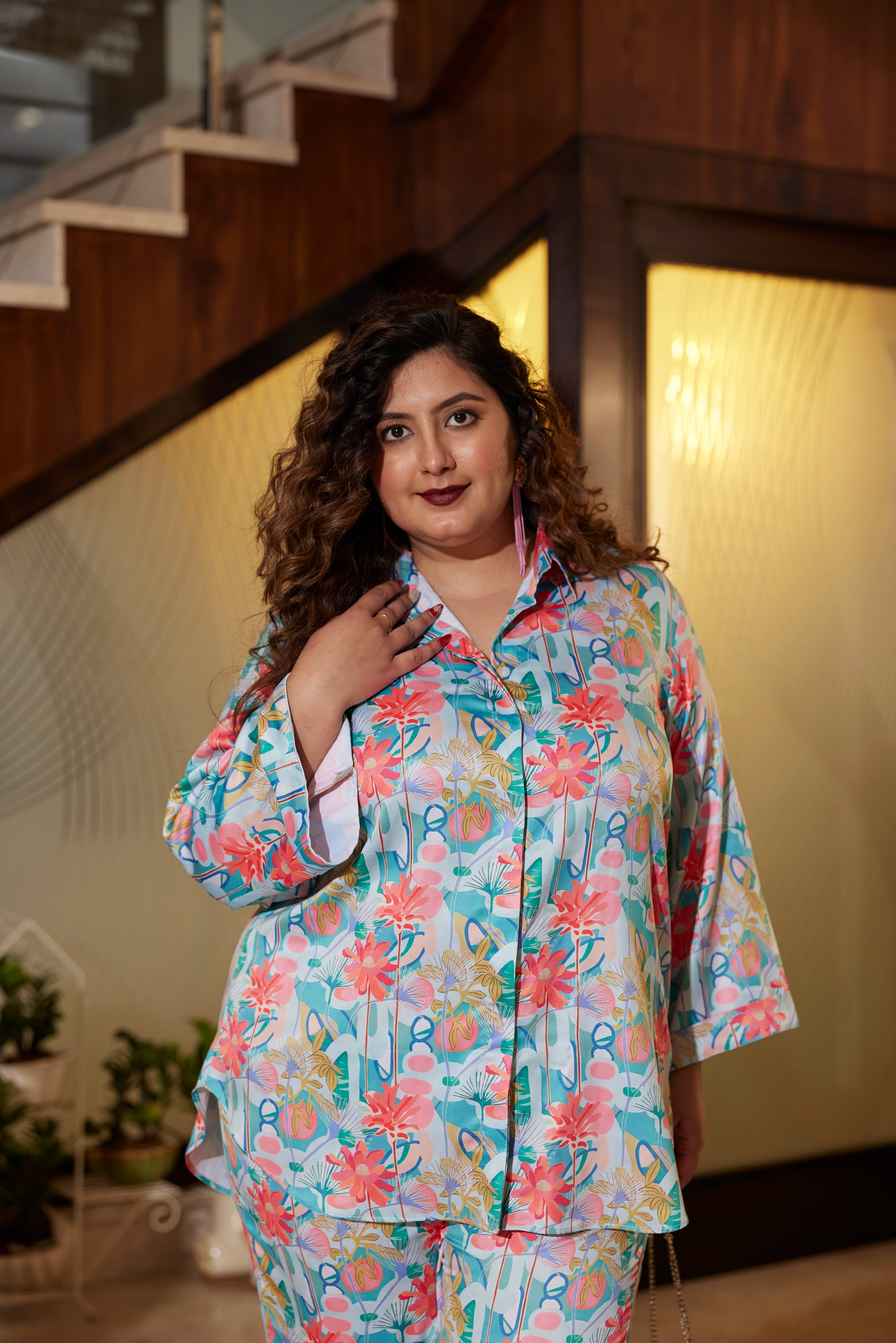 Blue Digital Print Satin Collared Co-ord Set(set of 2)