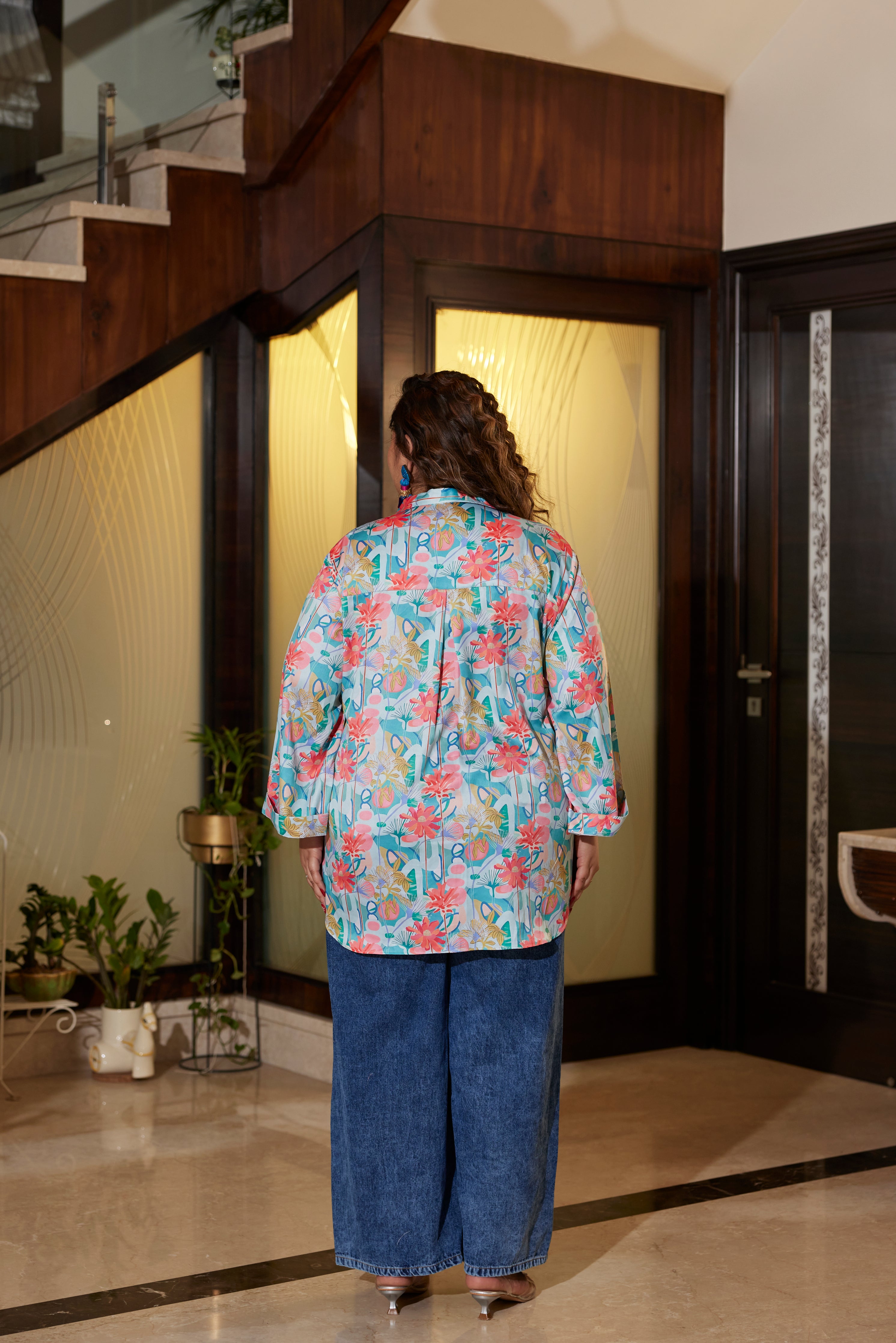 Blue Satin Digital Print Shirt