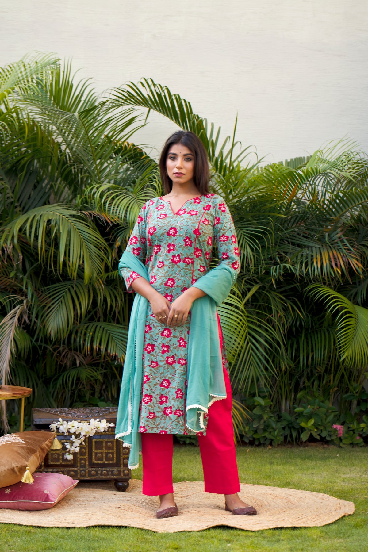 Regular Green Floral Printed 100% Cotton Suit Set with Red Pants and Dupatta for Women