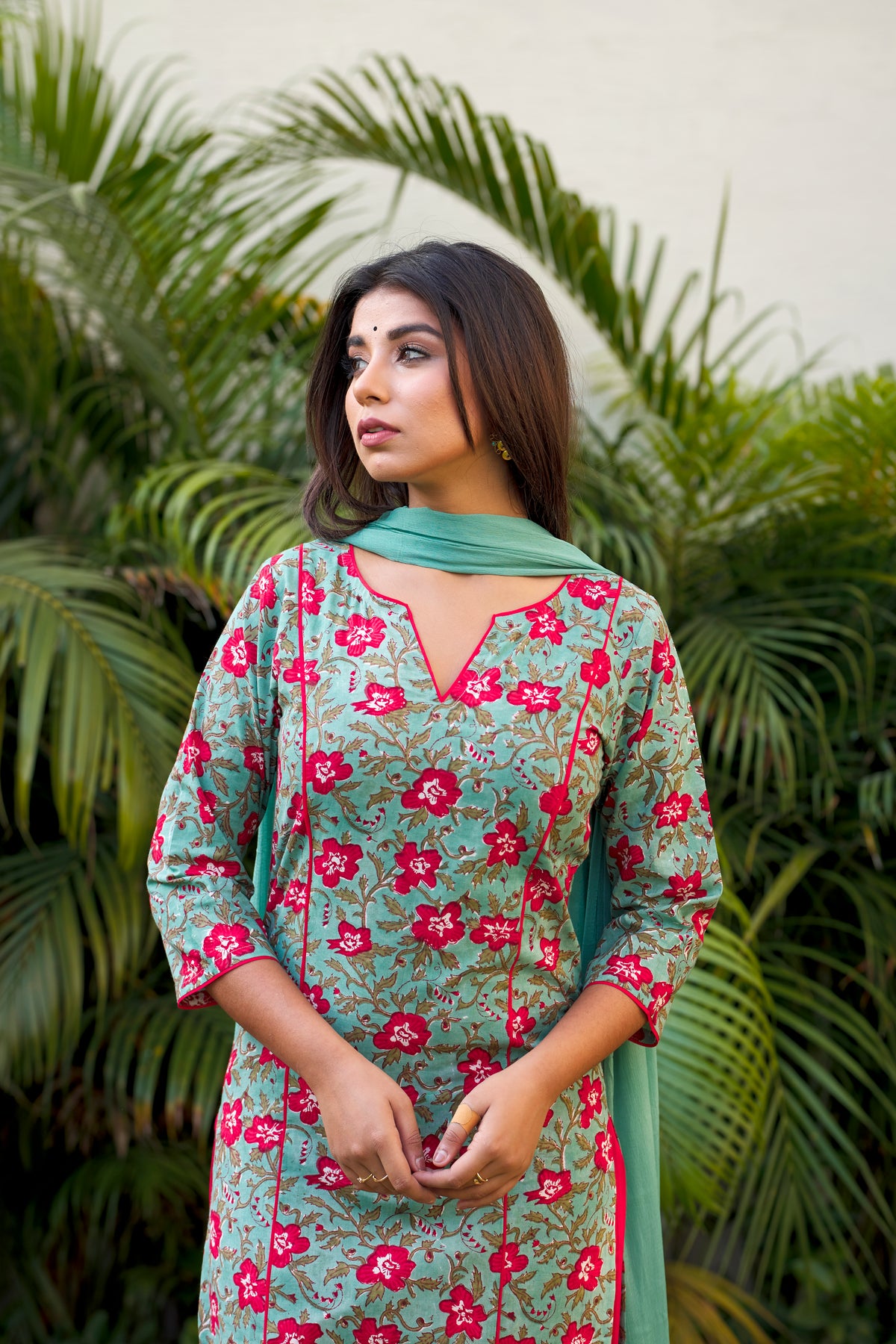 Regular Green Floral Printed 100% Cotton Suit Set with Red Pants and Dupatta for Women