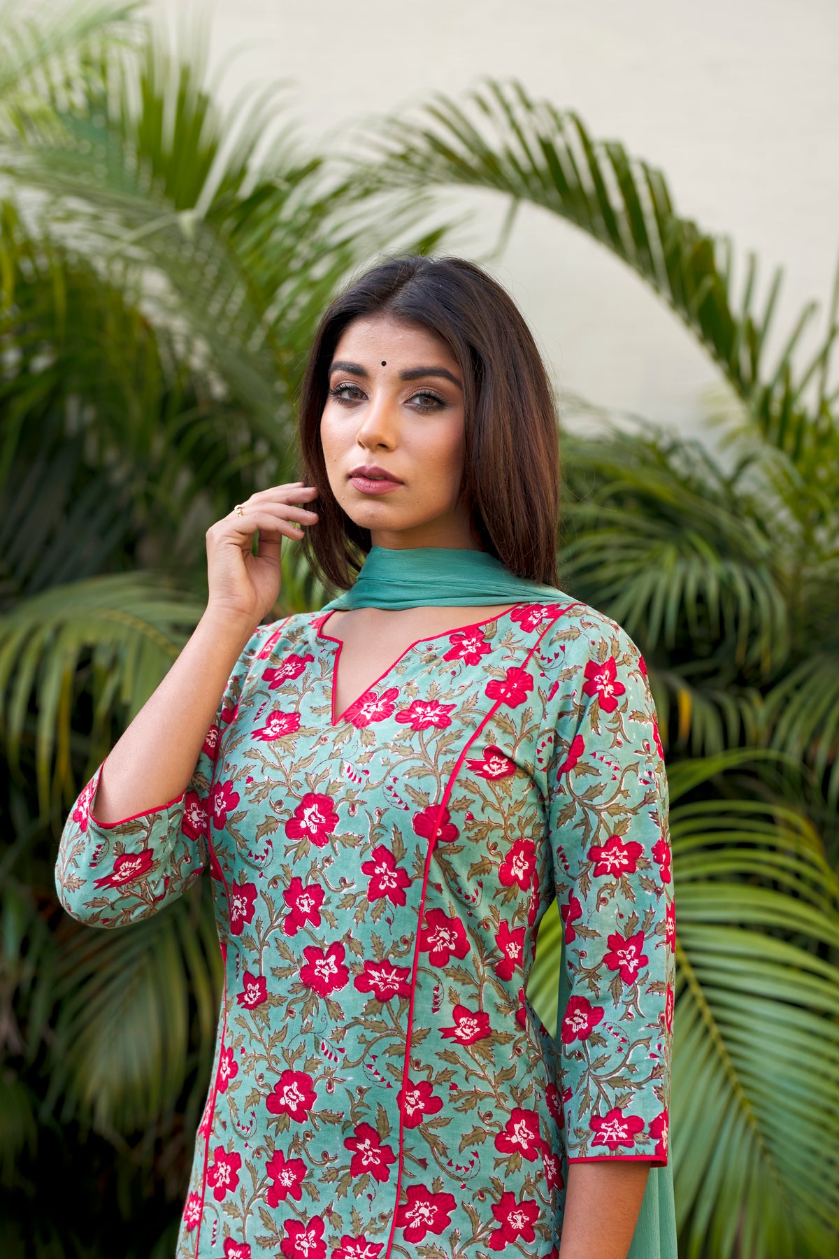 Regular Green Floral Printed 100% Cotton Suit Set with Red Pants and Dupatta for Women