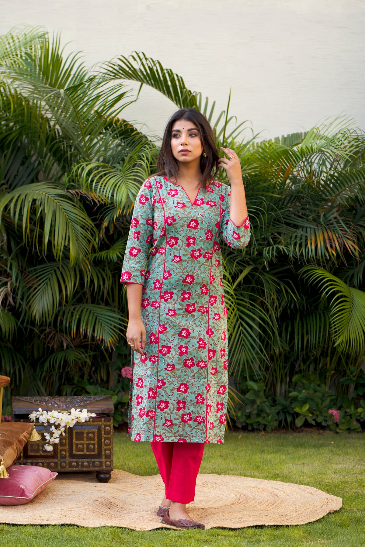 Regular Green Floral Printed 100% Cotton Suit Set with Red Pants and Dupatta for Women