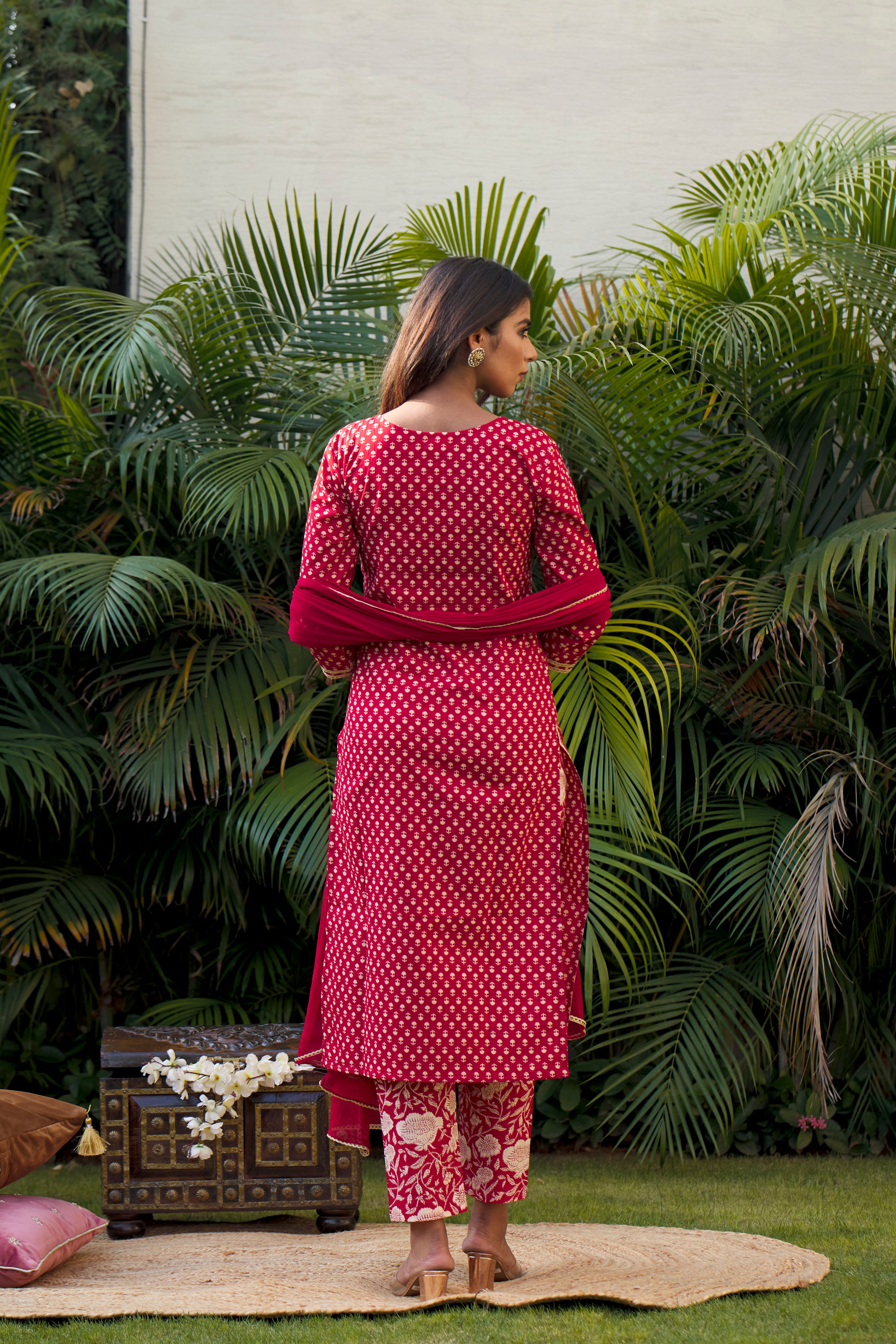 Red Booti Gold Kurta Dupatta Set (Set of 3)