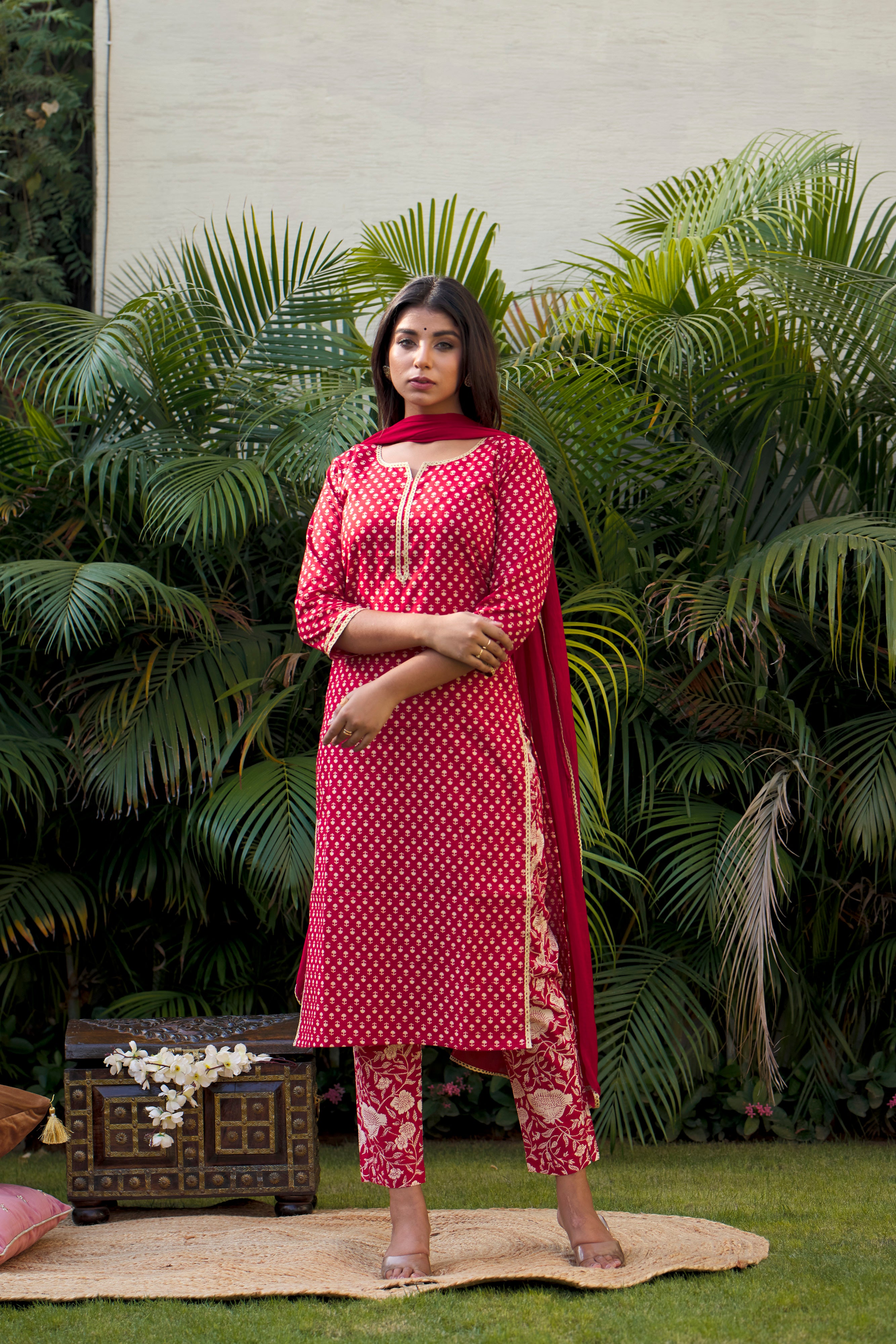 Red Booti Gold Kurta Dupatta Set (Set of 3)