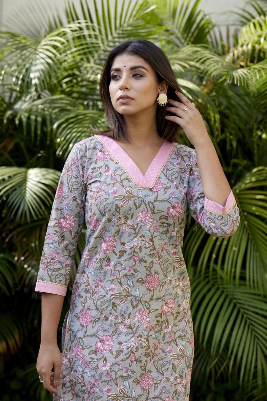 Pink Grey Floral Kurta dupatta Set (Set of 3)