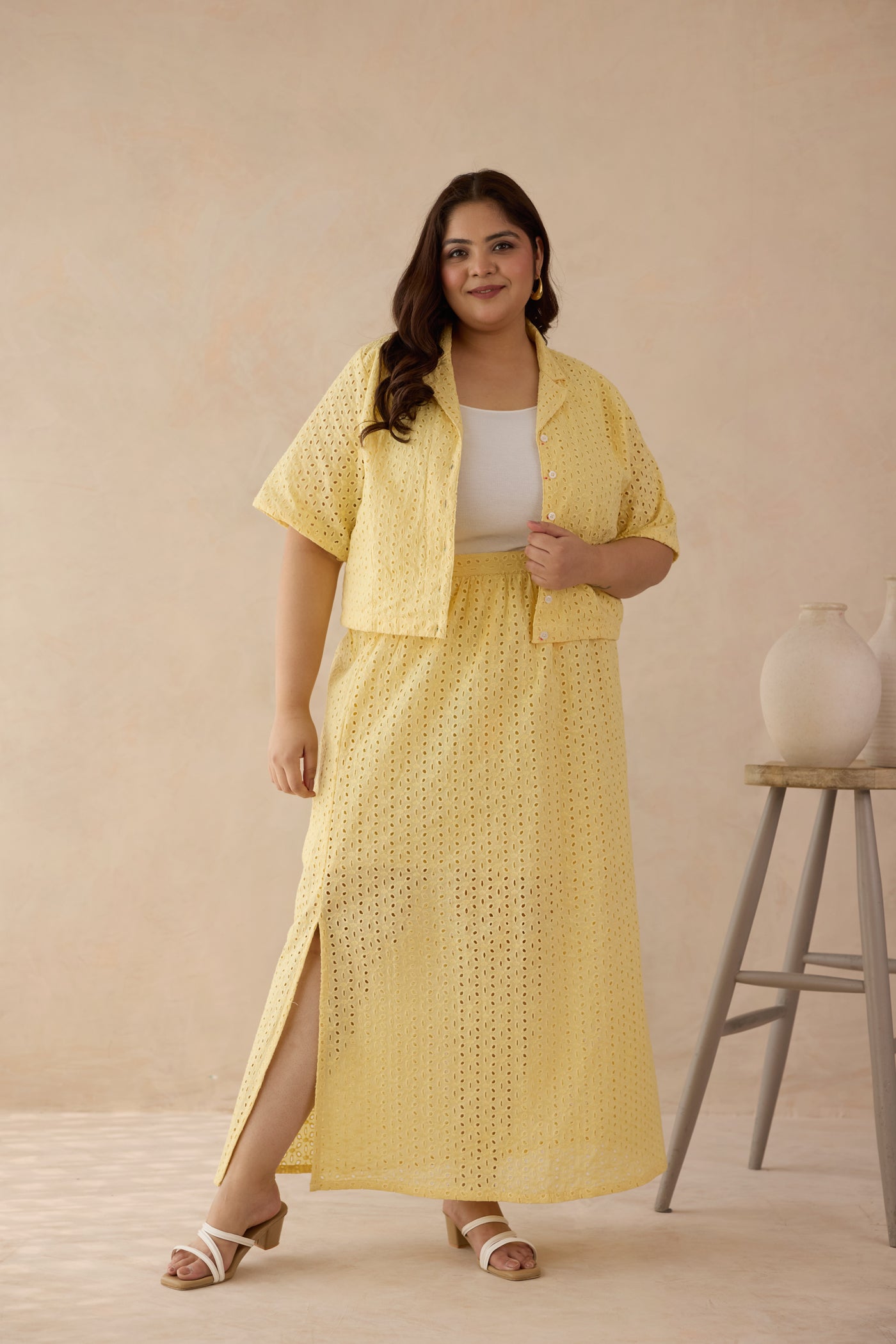 Butter Yellow Schiffli Cotton Crop Top & Slit Skirt Co-ord Set