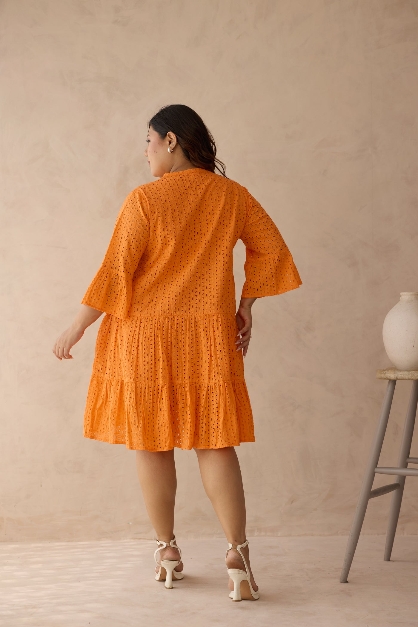 Tangerine Tiered Schiffli Cotton Dress