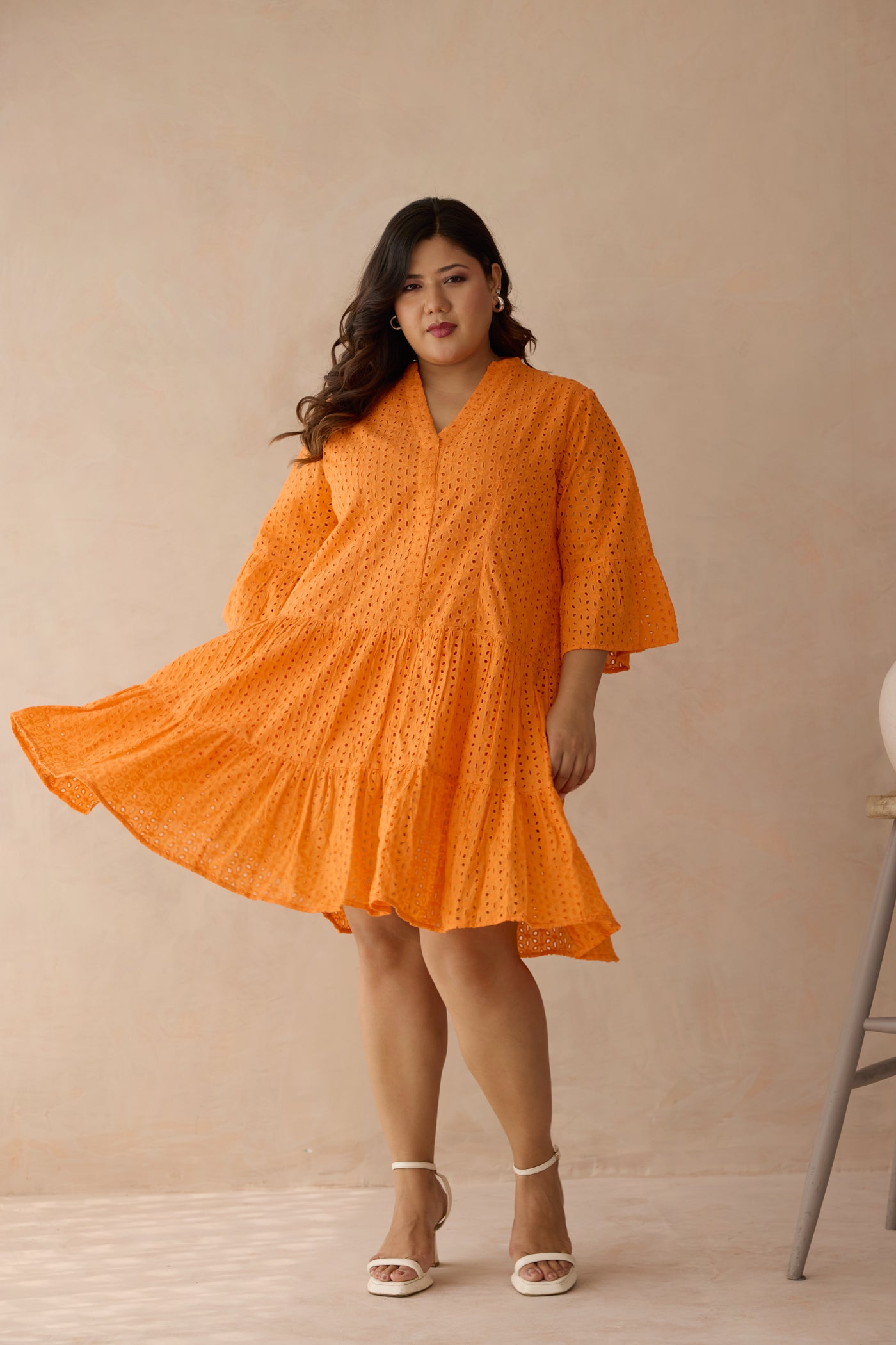 Tangerine Tiered Schiffli Cotton Dress