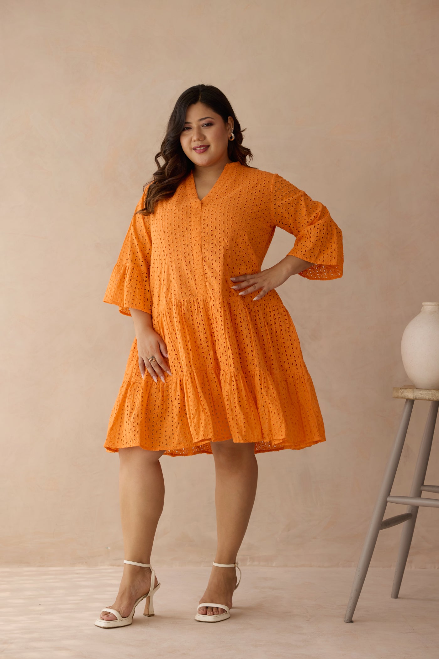 Tangerine Tiered Schiffli Cotton Dress