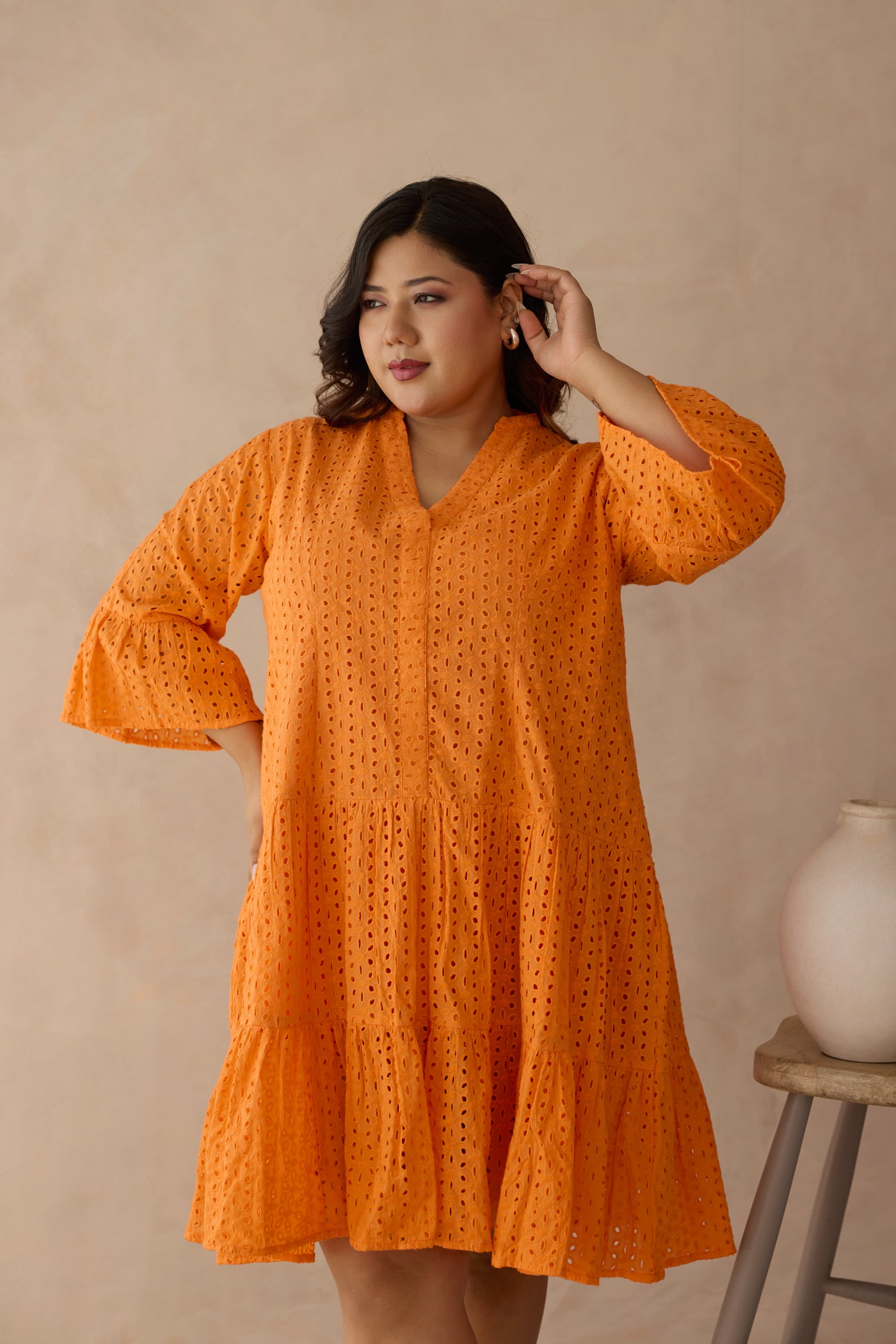 Tangerine Tiered Schiffli Cotton Dress