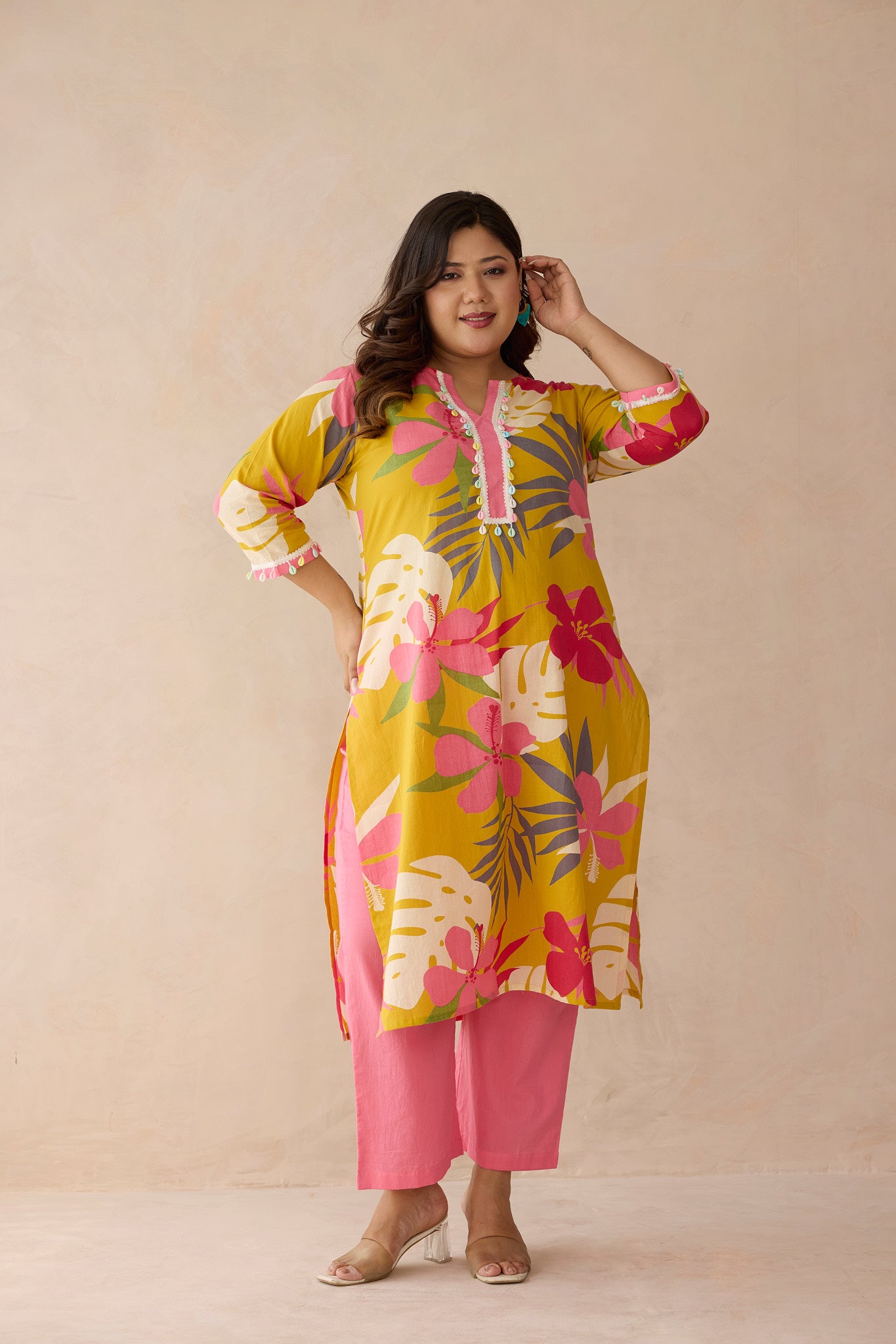 Tropical Bloom Mustard Yellow Cotton Kurta Set