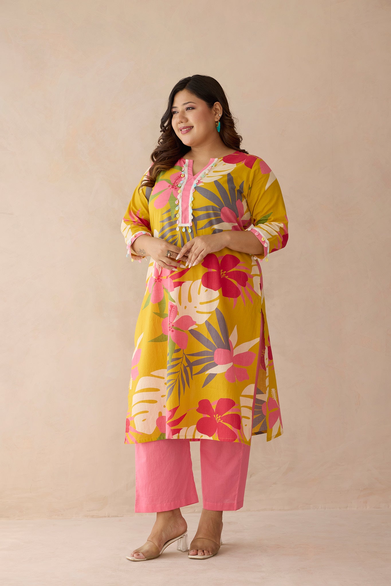 Tropical Bloom Mustard Yellow Cotton Kurta Set