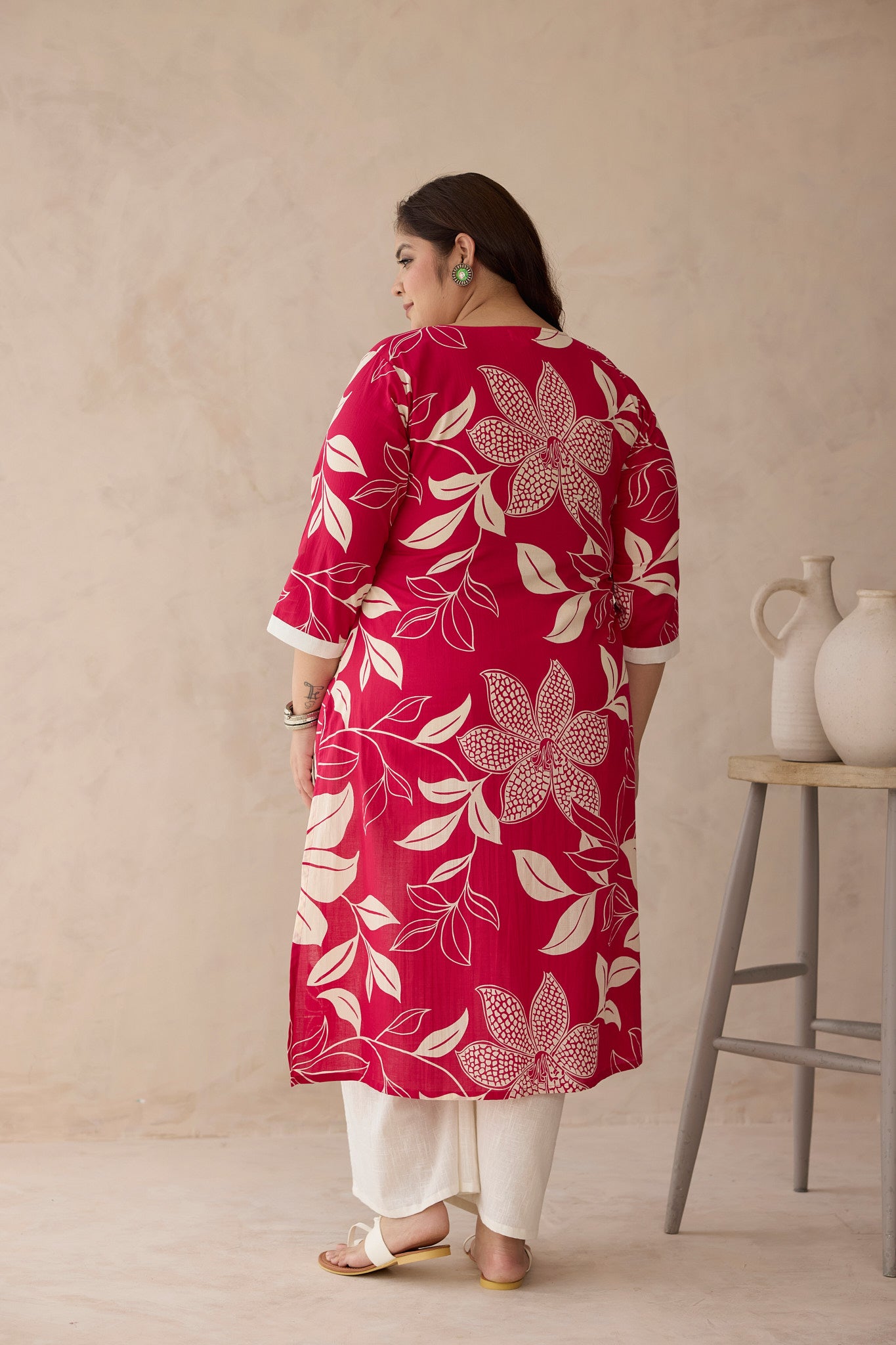 Bright Red Foliage Print Cotton Kurta Set(Set of 2)