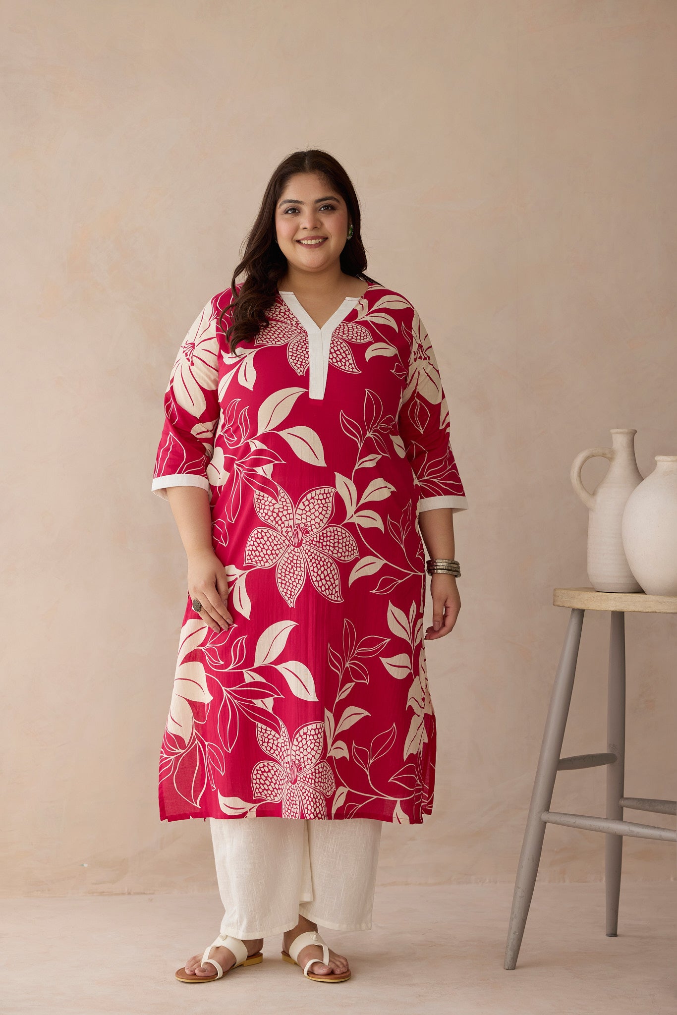 Bright Red Foliage Print Cotton Kurta Set(Set of 2)