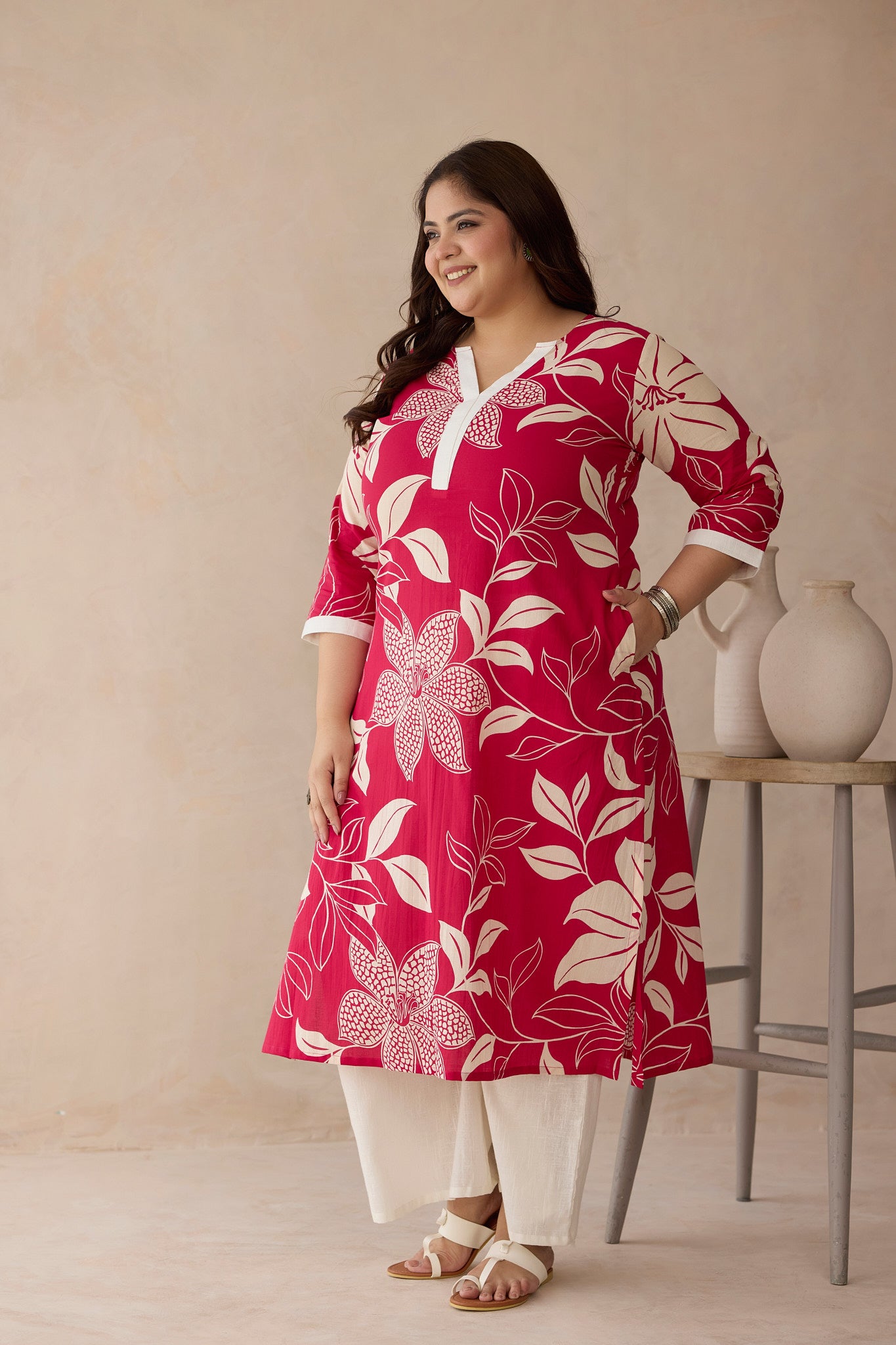 Bright Red Foliage Print Cotton Kurta Set(Set of 2)