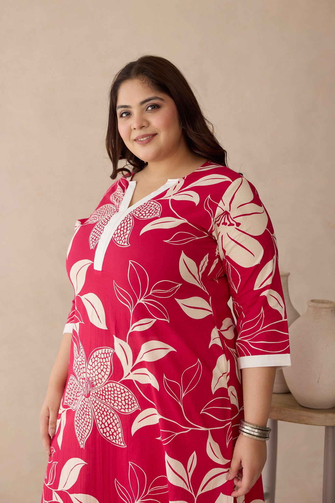 Bright Red Foliage Print Cotton Kurta Set(Set of 2)